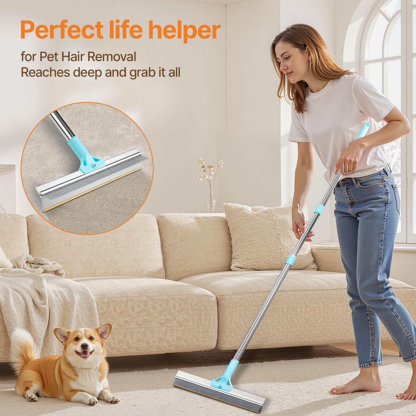 Râteau à tapis 2 en 1 pour l'épilation des poils d'animaux de compagnie, réutilisable, 137,2 cm, long manche réglable, râteau à tapis pour chat et chien, brosse à poils pour tapis, tapis, canapé