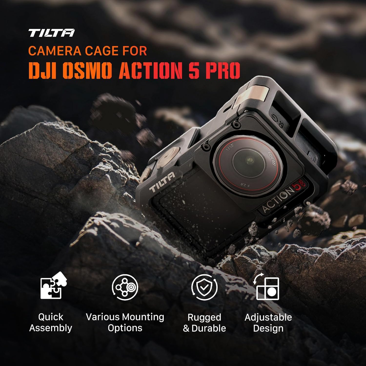 Tilta Full Camera Cage Base Kit Compatible with DJI Osmo Action 3, Action 4, Action 5 Pro (Titanium Gray) | Magnetic 1/4″-20 Baseplate | Cold Shoe Mounts | Magnetic Mount Design | Shock-Absorbing
