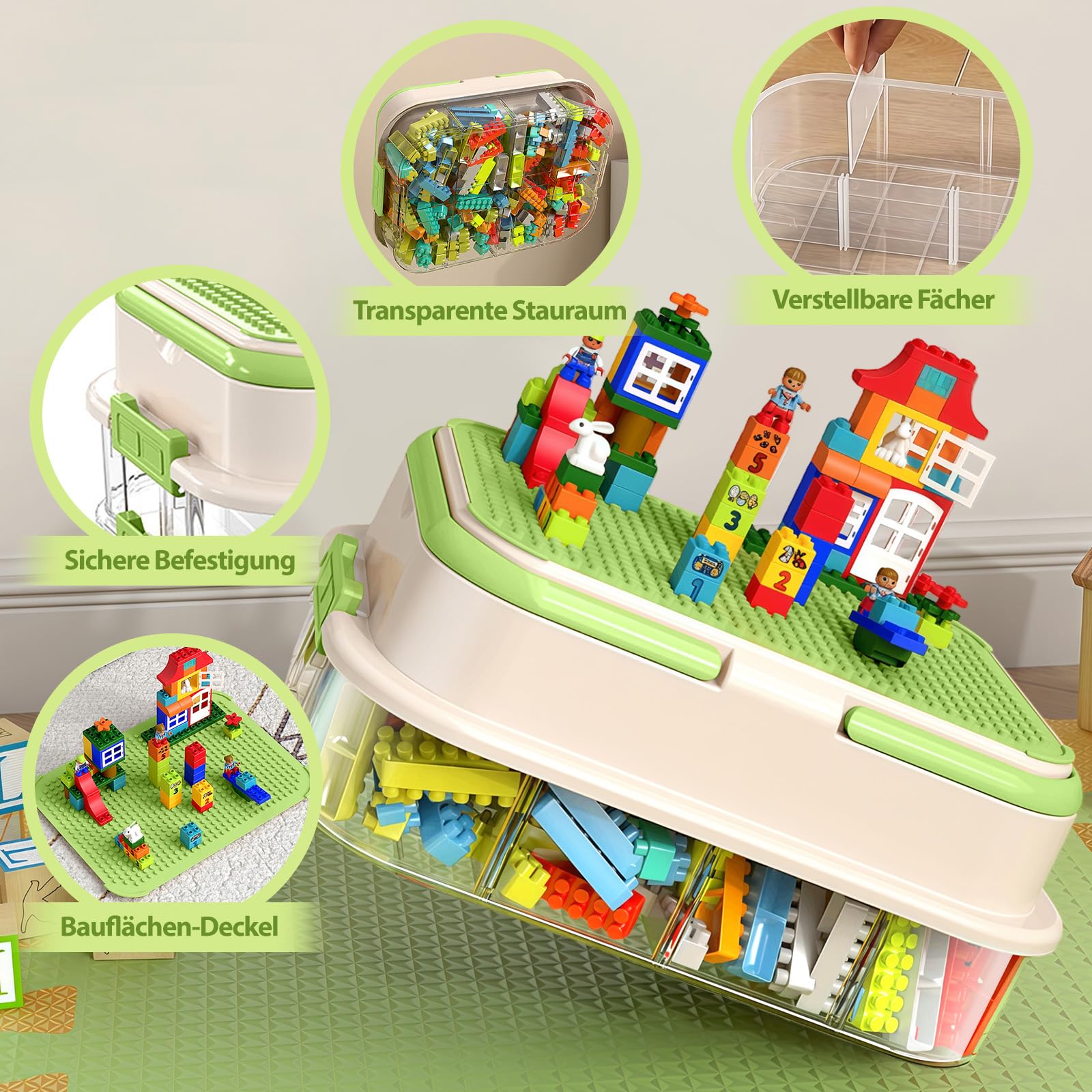 Scatole impilabili per mattoni Lego con coperchio – Scatola trasparente con 4 ripiani, mattoncini da costruzione con maniglie, organizzatore per mattoncini e puzzle, verde