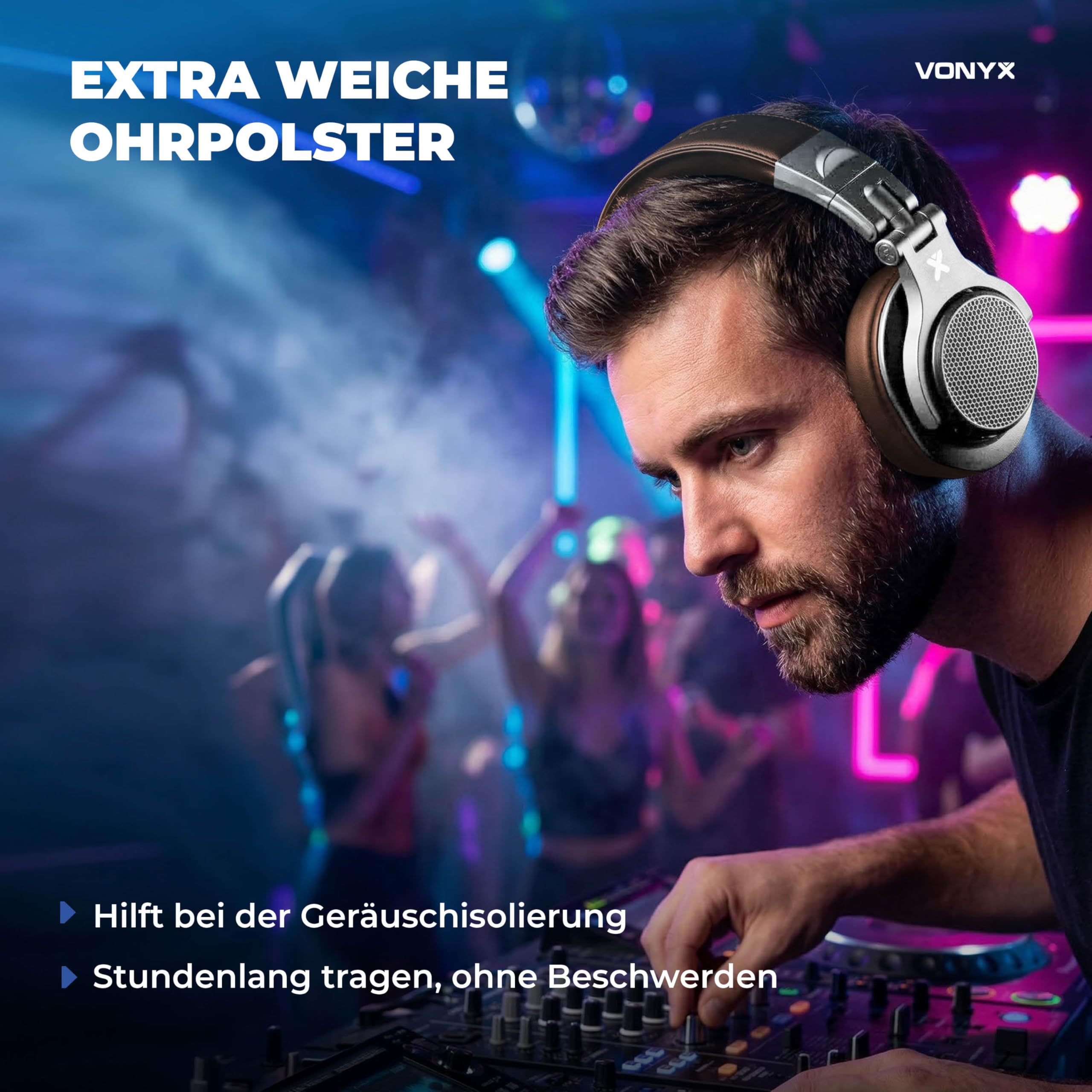Vonyx HDX120WSN - Over Ear Kopfhörer Bluetooth, 75 Std. Akku, 40mm Treiber - Tiefer Bass, Studio Kopfhörer Kabellos - 3,5/6,3mm Klinke – Faltbar & Drehbar, Bluetooth Headphones mit Tasche - Alu/Braun