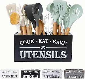 Utensil Holder,Large Wooden Utensil Holder For Kitchen Counter,Cooking Spatula Organizer,Big Storage Caddy With 3 Compartments Flatware Spoon Tool Cutlery(Black)