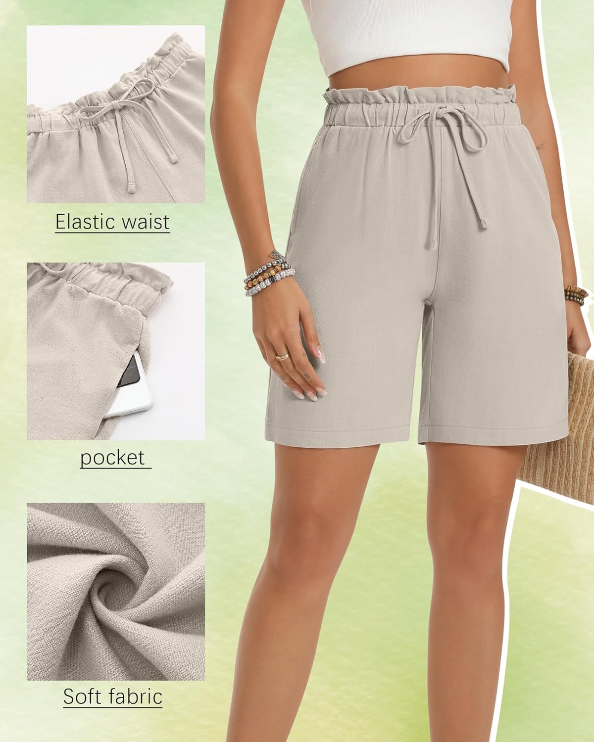 2 Pack Women's Linen Bermuda Shorts High Waist Wide Leg Summer Drawstring Mid Length Shorts with Pockets - Image 5