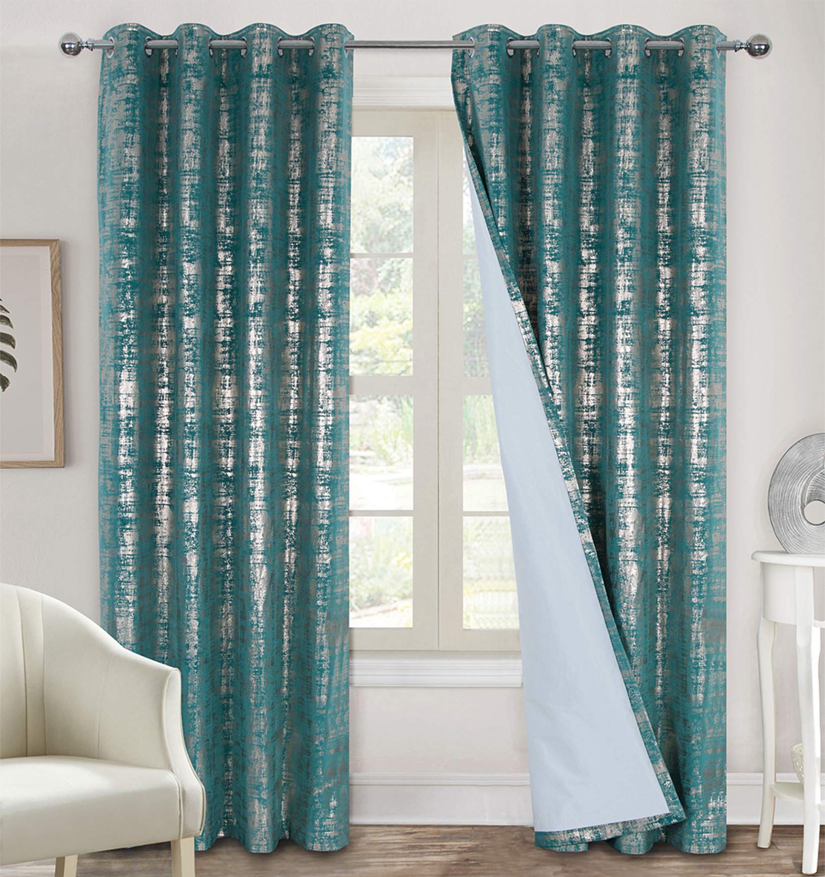 Always4u Teal(Gold Print) Soft Velvet Curtains 100% Blackout For Window For Bedroom Thermal Gold Foil Printed Shining Luxury Window Treatment Drapes For Living Room 1 Pair Teal 66 * 54