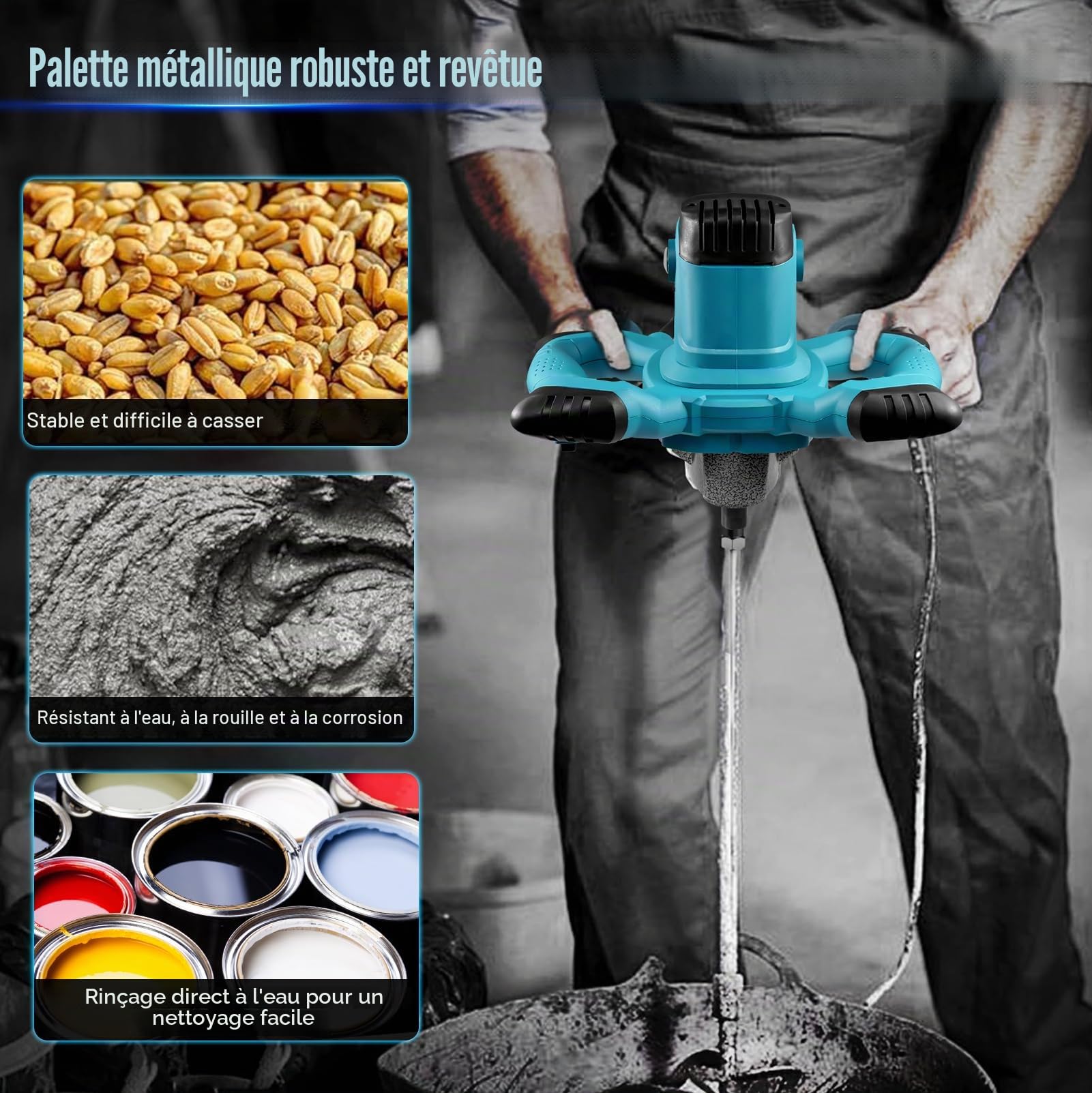 Malaxeur 3500W–6 vitesses,0-1500 tr/min,prise M14,avec spirale Ø120mm–mélangeur électrique pour béton,mortier & colle–démarrage progressif,protection thermique & double poignée ergonomique.