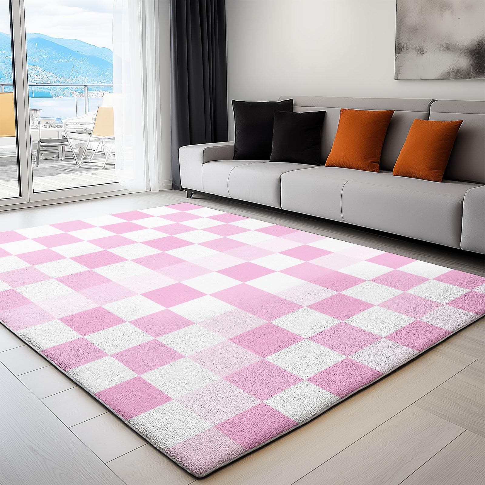 Tapis chambre adulte rose blanc 120x180 antidérapant à motif géométrique