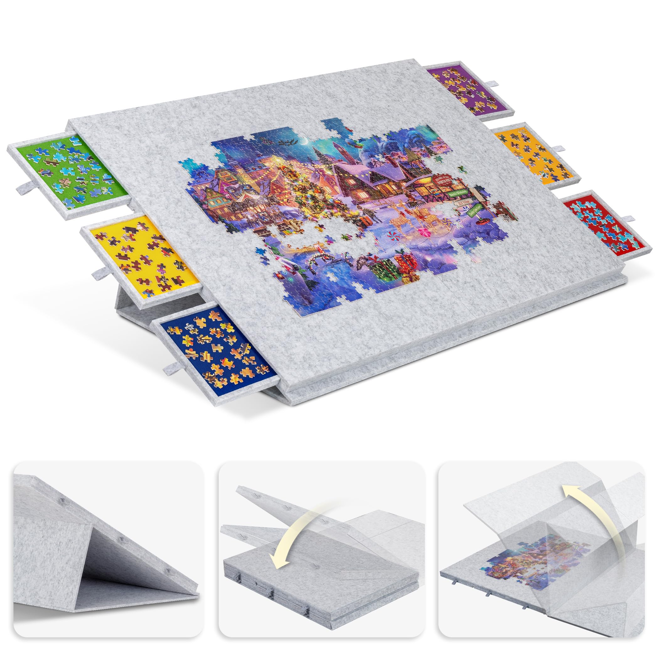 Lavievert Foldable Jigsaw Puzzle Board with 2-in-1 Stand & Cover, Tilting Jigsaw Table with 6 Drawers, Lightweight Felt Puzzle Boards Portable Game Storage Saver 2000 Pieces - Light Gray
