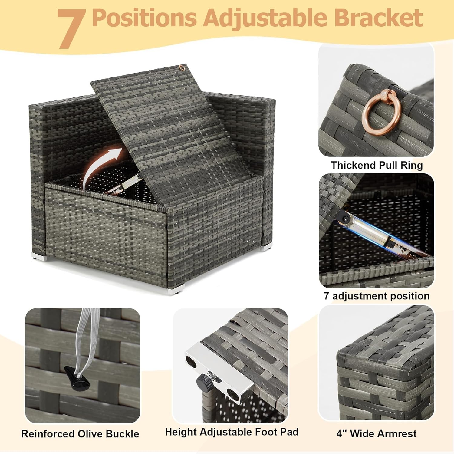 7 Piece Patio Furniture Set with Adjustable Bracket All-Weather Wicker Conversation Sets with Coffee Table for Backyard Porch Balcony Poolside Garden(Blue)