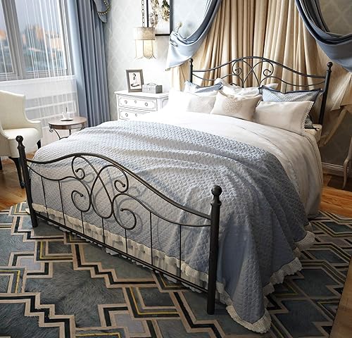 YERPERFO Marco de cama de metal resistente vintage tamaño Queen con cabecero vintage y base de plataforma de estribo, marco de cama no necesita