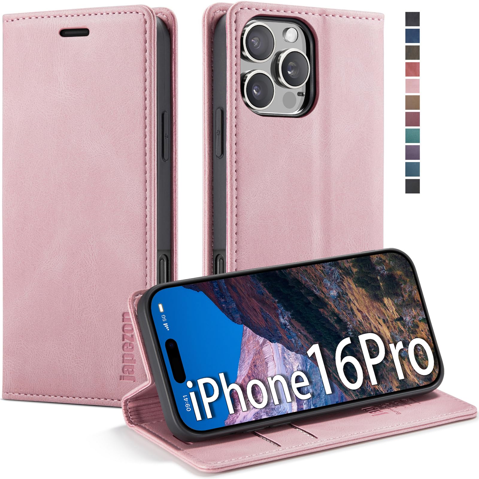 japezop iPhone 16 Pro 5G Wallet Case with [RFID Blocking],Card Holder,Kickstand Magnetic,Leather Flip Case Wallet for iPhone 16 Pro 5G 6.3 Inch(Pink)