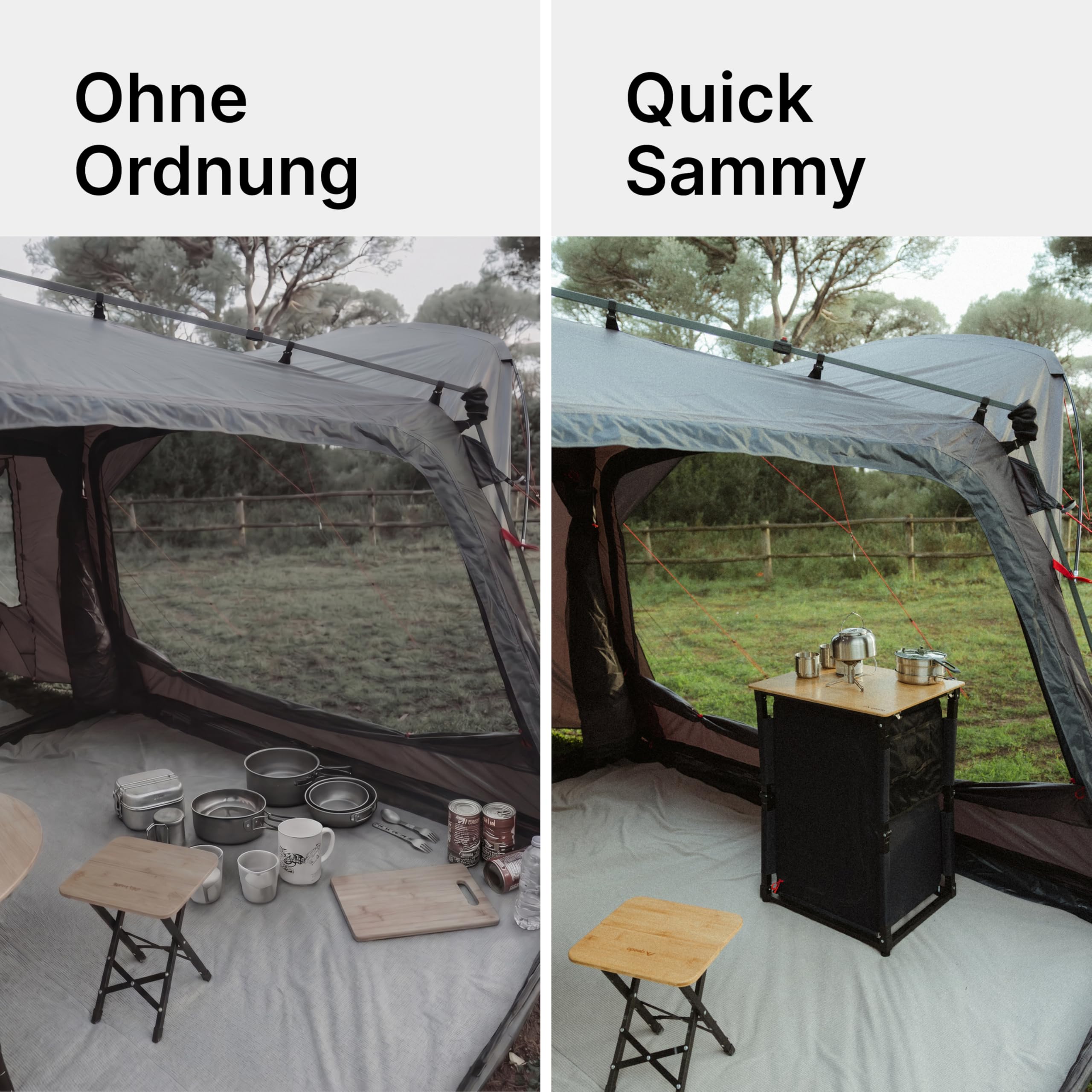 qeedo Quick Sammy Campingküchensystem, Campingschrank mit Bambusplatte, Schnellaufbau, Stauraum und Erweiterung