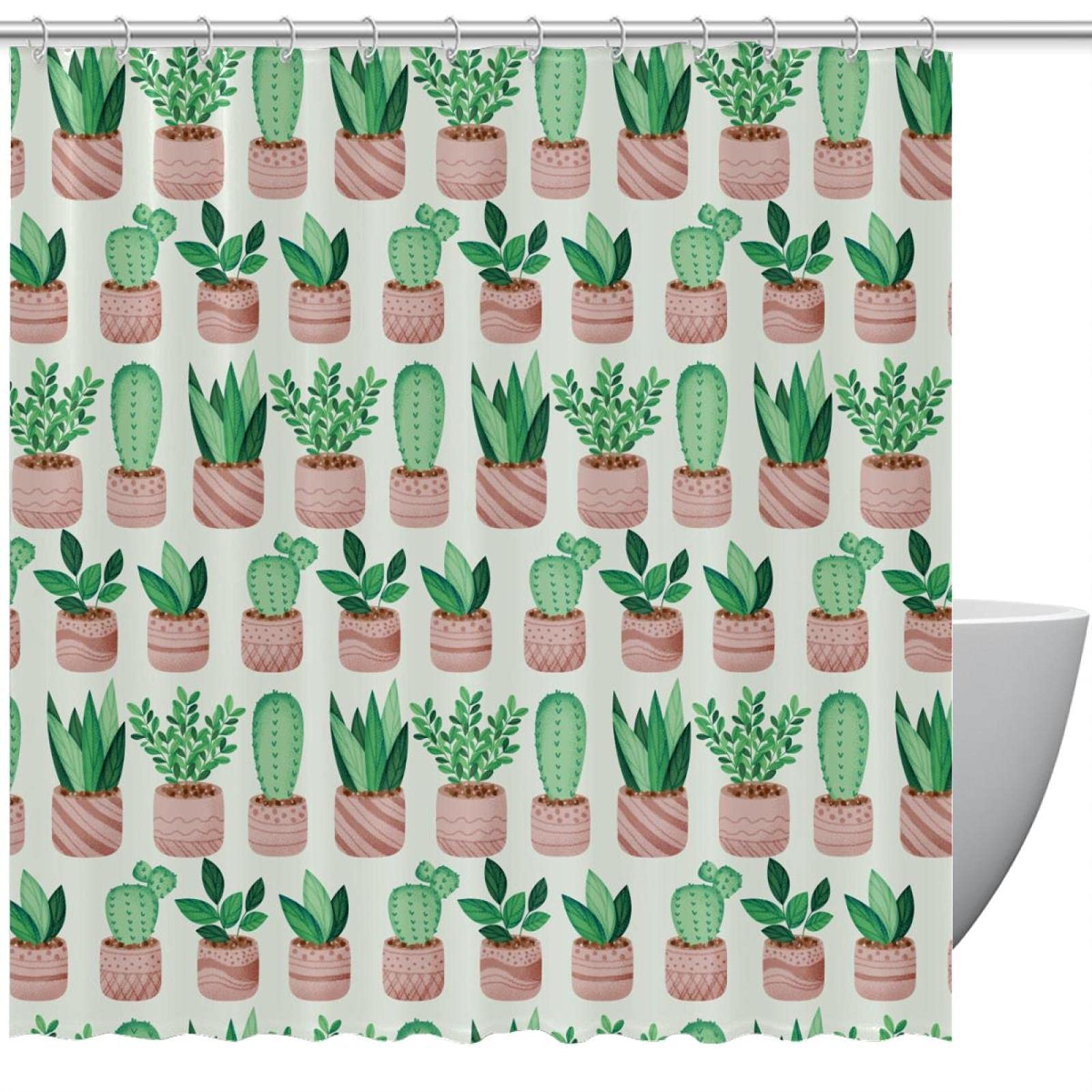 Rideau de douche étanche cactus vert avec crochets pour stopper les éclaboussures