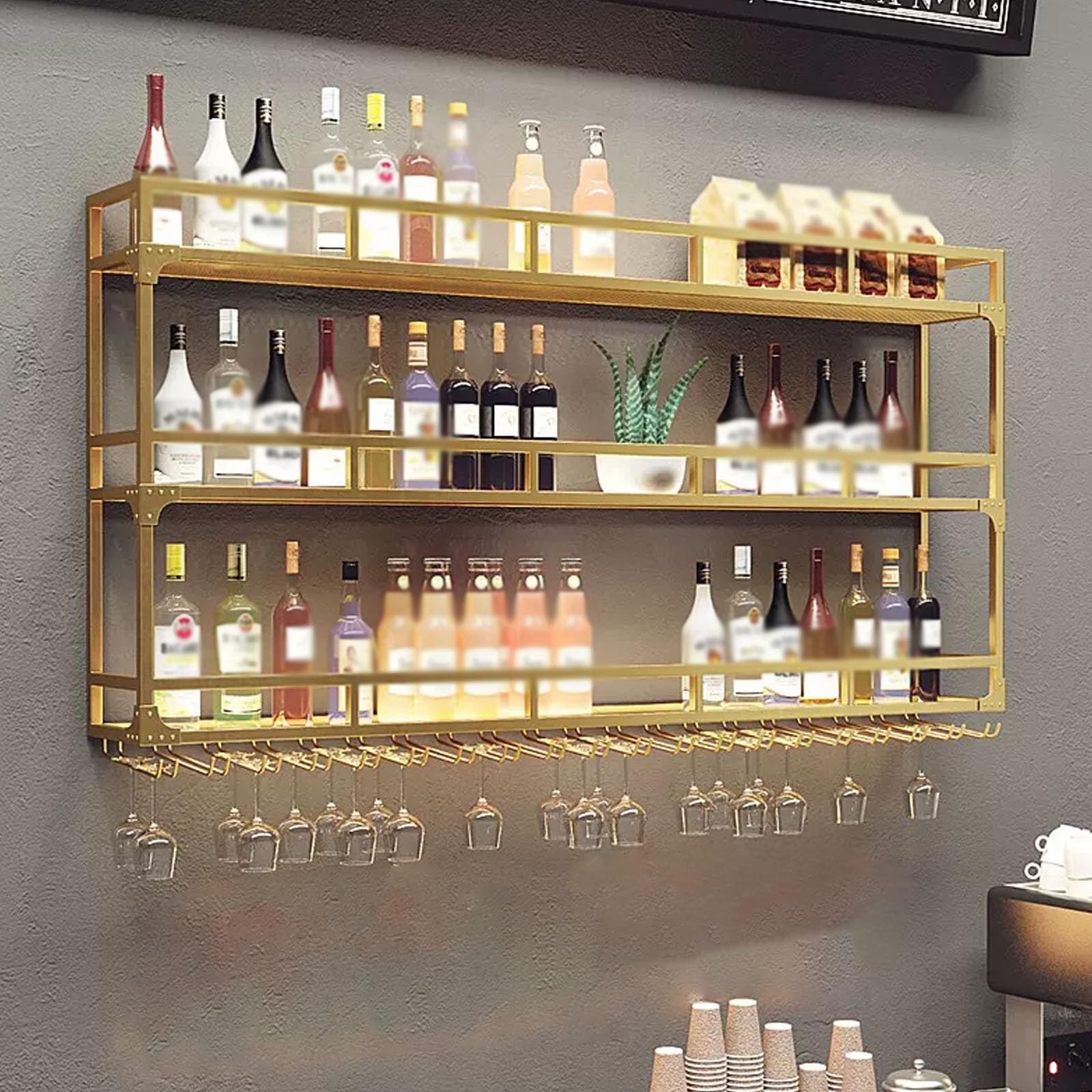 Casier à vin industriel suspendu moderne en métal noir de grande capacité pour salon et bar
