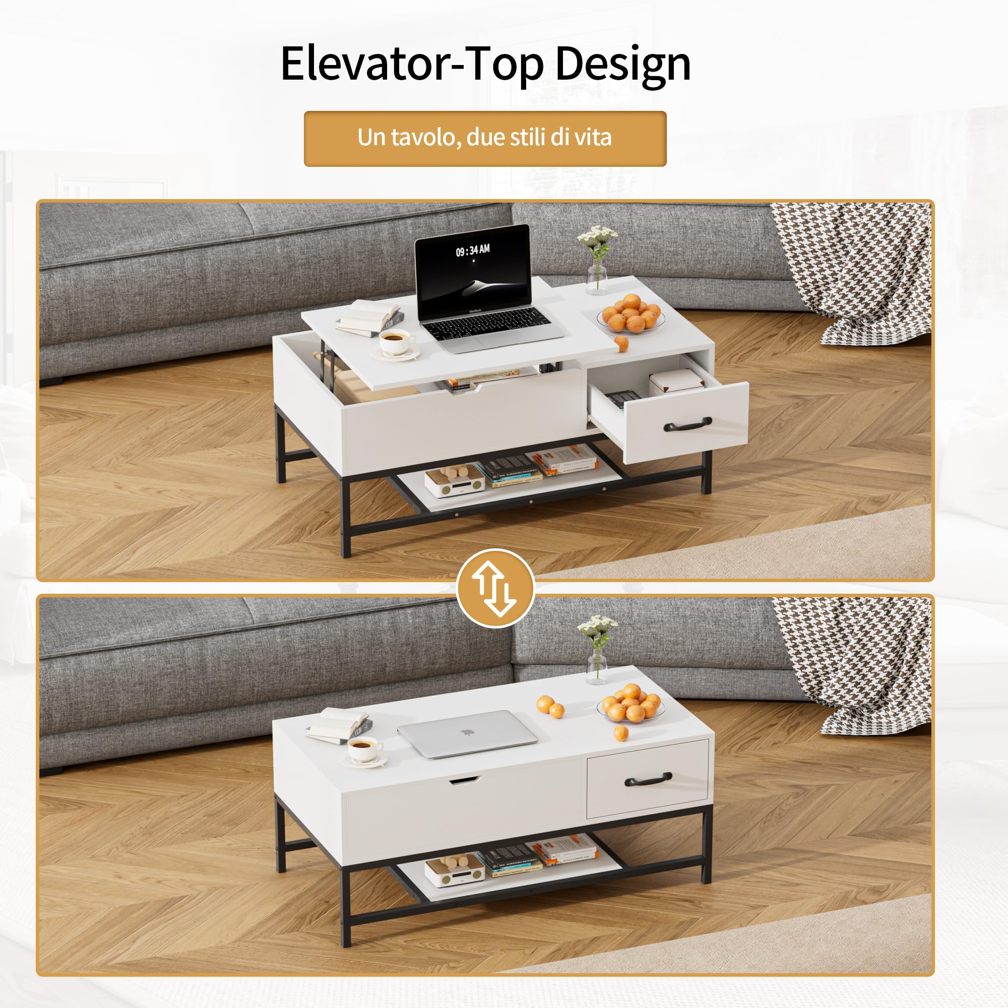 BonVache Table Basse Hauteur Réglable, Table de Salon,Table pour Salon, Table de Café,Blanc