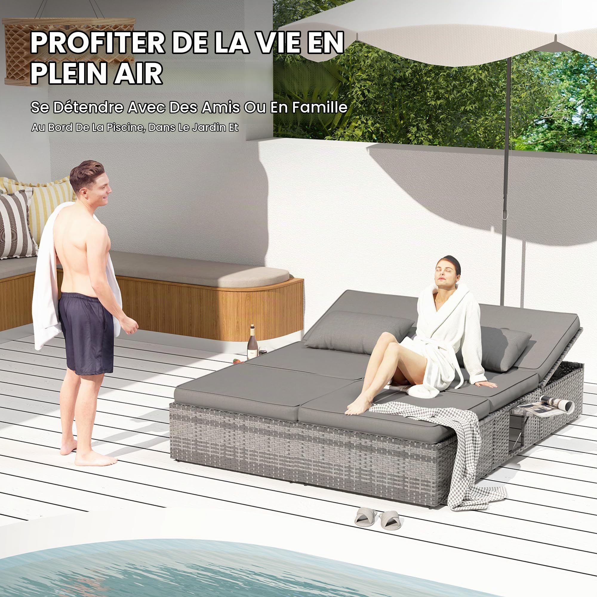 UDPATIO Transat Jardin Extérieur en Rotin - Bain de Soleil Double avec Plateaux Latéraux Repliables et Dossier Réglable 5 Niveaux, Lit de Jardin Résistant Jusqu'à 400kg, pour Piscine ou Terrasse, Gris