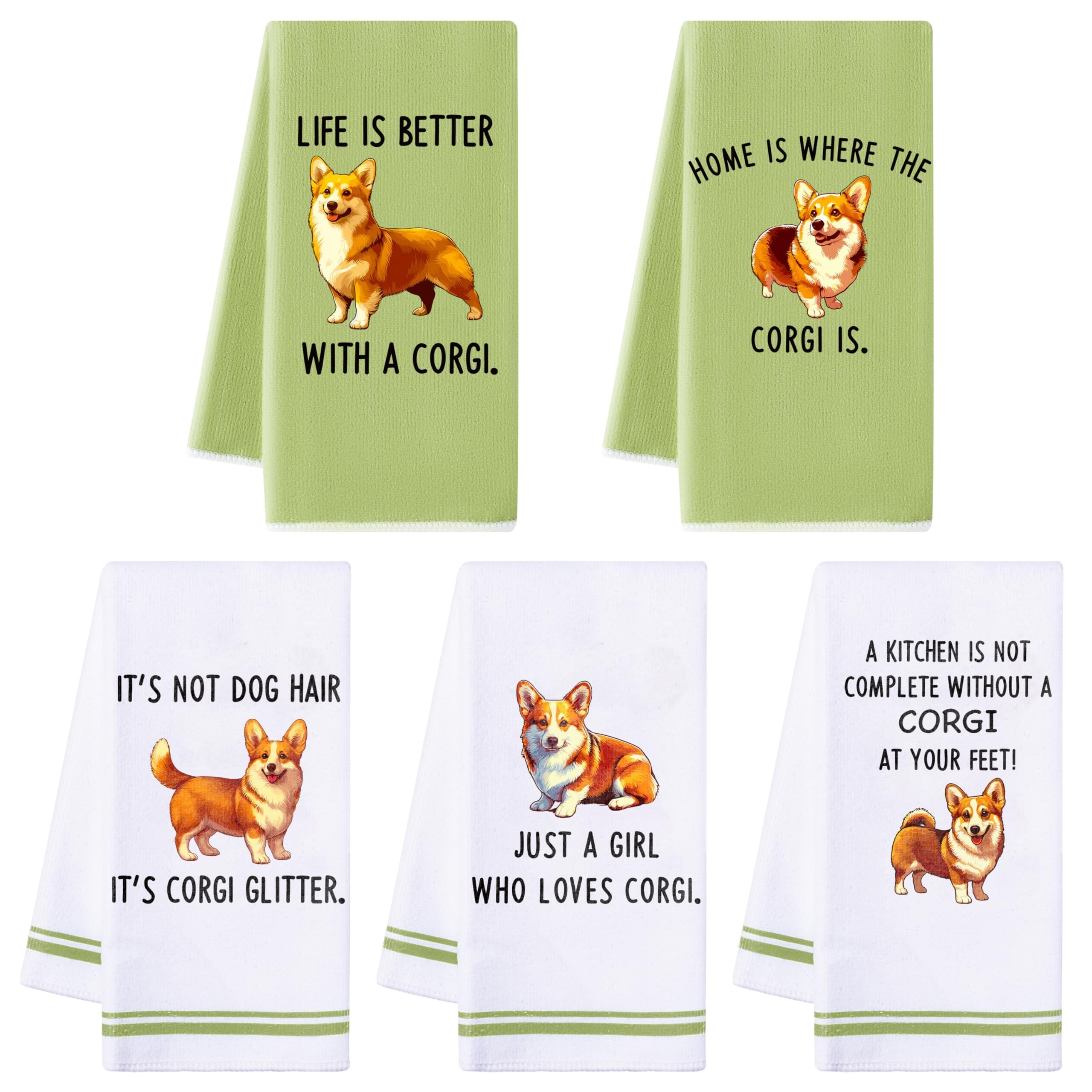 R HORSE 5Pcs Kitchen Dish Towels - Funny Corgi Dishcloths Absorbent Dish Tea Towels Cute Corgi Themed Kitchen Towels Bar Hand Dishcloths Hilarious Hand Towels Gift for Women Mom Hostess Housewarming