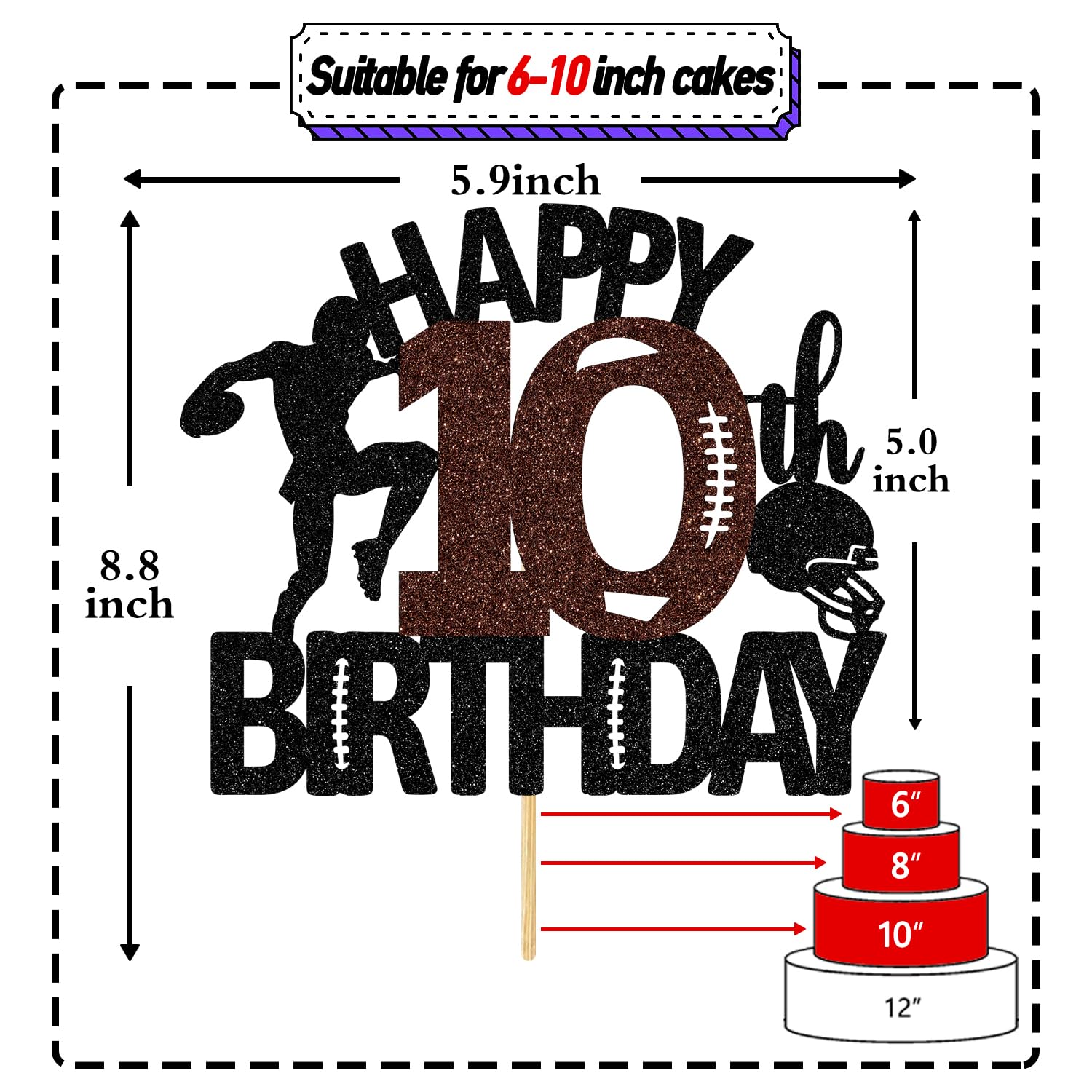American Football Happy 10th Birthday Cake Topper, Glitter Touchdown Football Sports Theme 10 Years Old Birthday Party Decorations Supplies for Boy