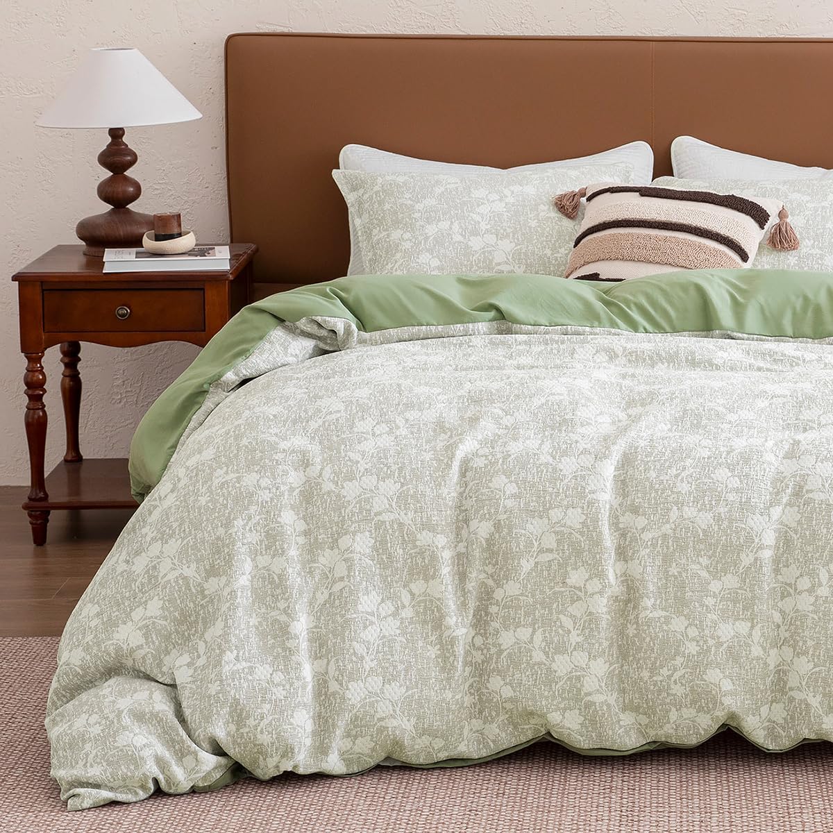 SLEEP ZONE Duvet Cover Set Queen, Luxury Jacquard Plant Sage Soft and Breathable 3 Pcs Comfy Bedding Set Duvet Cover with Zipper Closure and 2 Pillow Shams, Green
