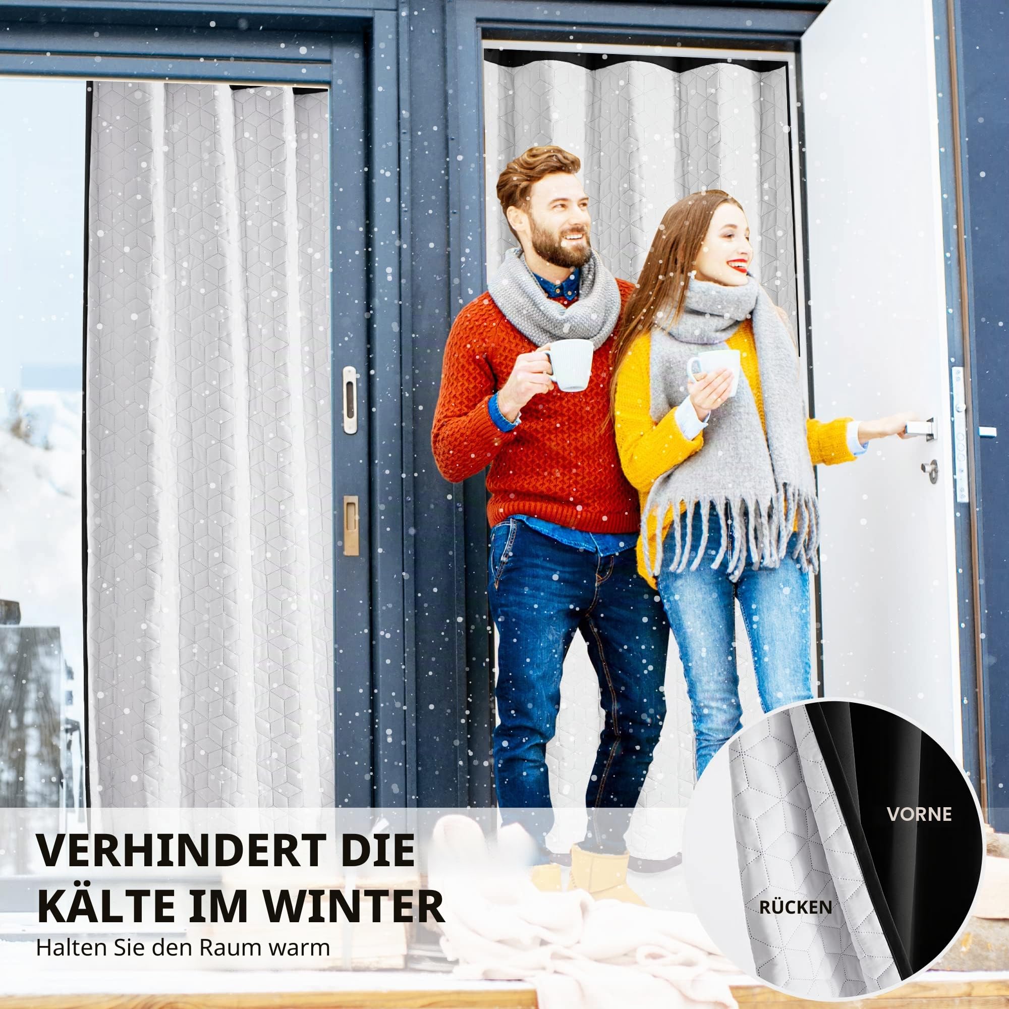 Deconovo Thermovorhang Kälteschutz, Gardinen mit Ösen gegen Kälte, Wärmeisolierend Vorhang Verdunkelung Wohnzimmer, 214x132cm(HöhexBreite), Schwarz, 1 Stück