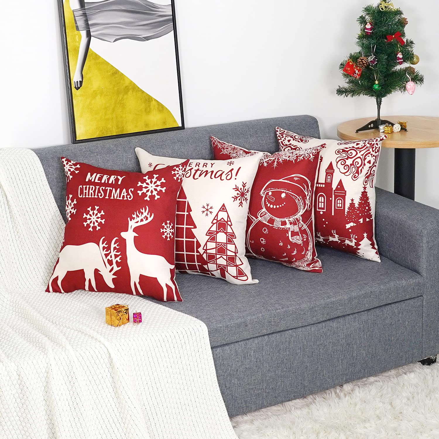 GYISANA Set di 4 federe per cuscini 45x45 rosso pupazzo di neve Natale lino cuscini decorativi moderni per divano