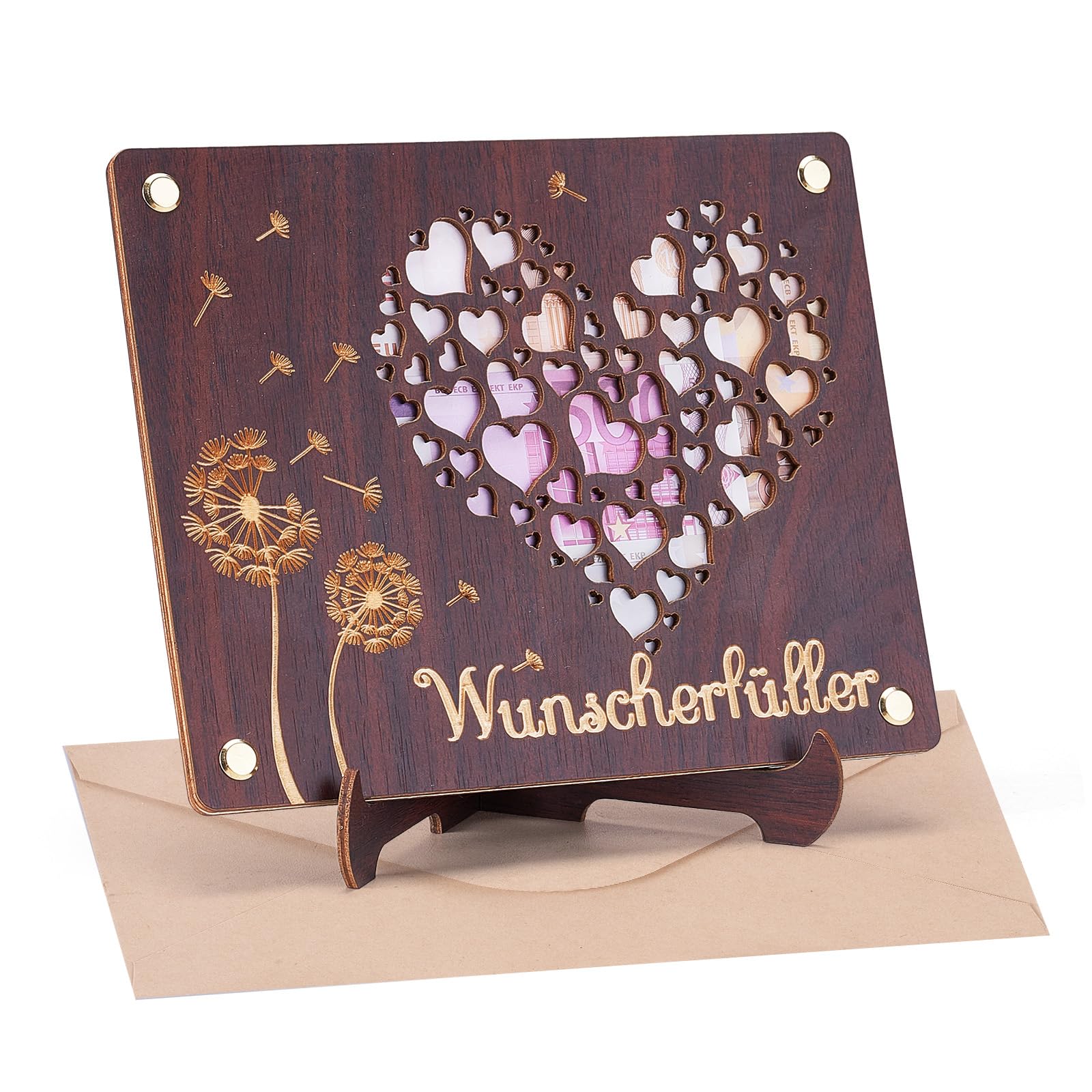 Geldgeschenk aus Holz inkl. Ständer, Herz Design, Geldgeschenk Hochzeit, Originelle Geldgeschenk Verpackung für Männer Frauen, Hochzeitskarte & Geschenkidee zur Hochzeit, Geldkarte Liebe