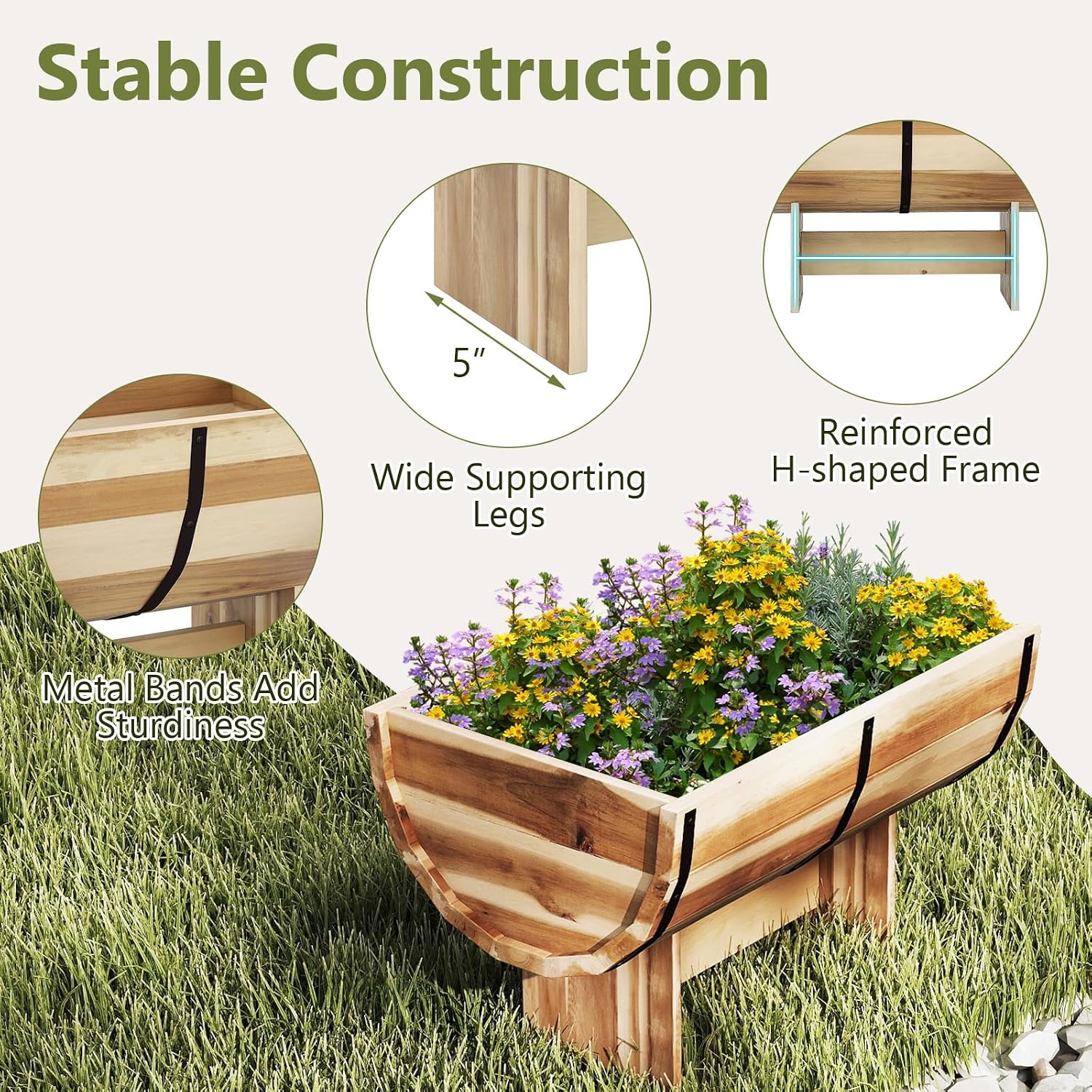S AFSTAR Acacia Wood Raised Garden Bed, Half-Barrel Planter Box with Legs, Drainage Gaps & Metal Bands, Rustic Plant Box Decorative Elevated Flower Pot for Indoor & Outdoor