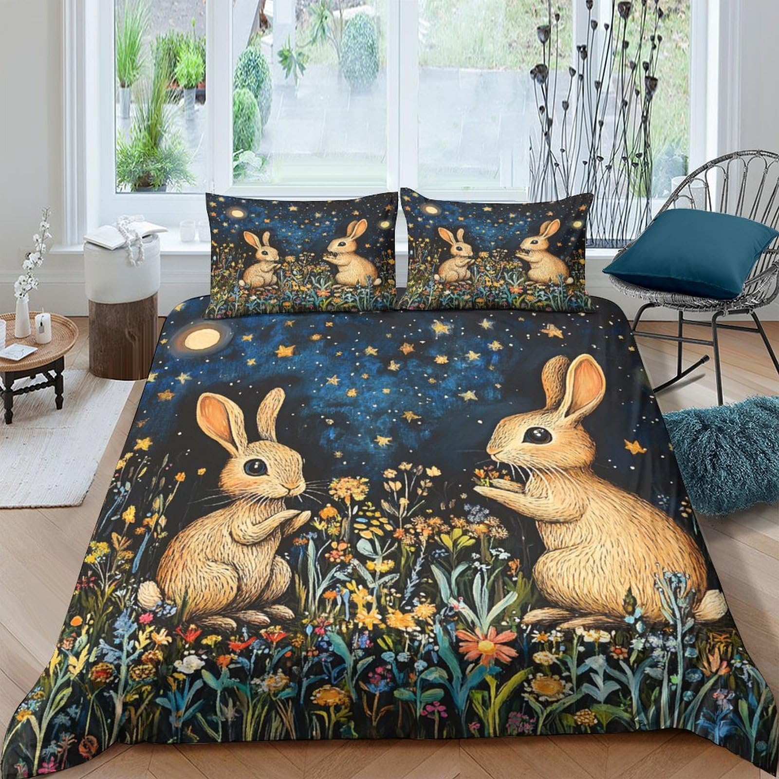 Ctjqhvkz Style-1 3D Printed Night Forest Bunny Fitted Sheet Microfiber Soft Anti-Slip Mattress Cover For Bedroom Dorm Youth Decor Single（135X200cm）