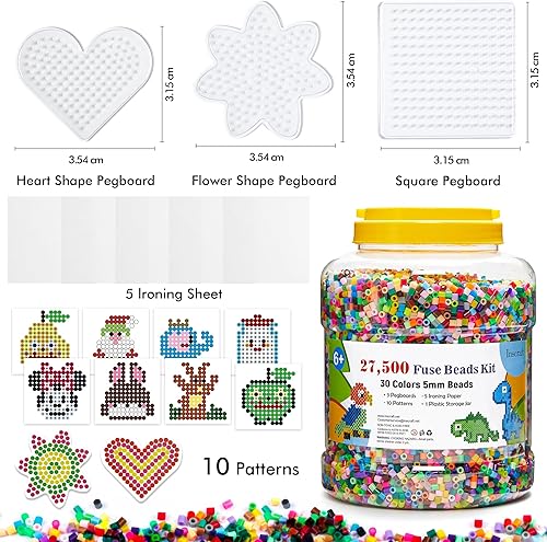 Miniatura 3 de INSCRAFT Kit de 27,500 cuentas fusibles para manualidades infantiles, juego de cuentas de hierro de 30 colores con 3 tableros de clavijas, 5 papel