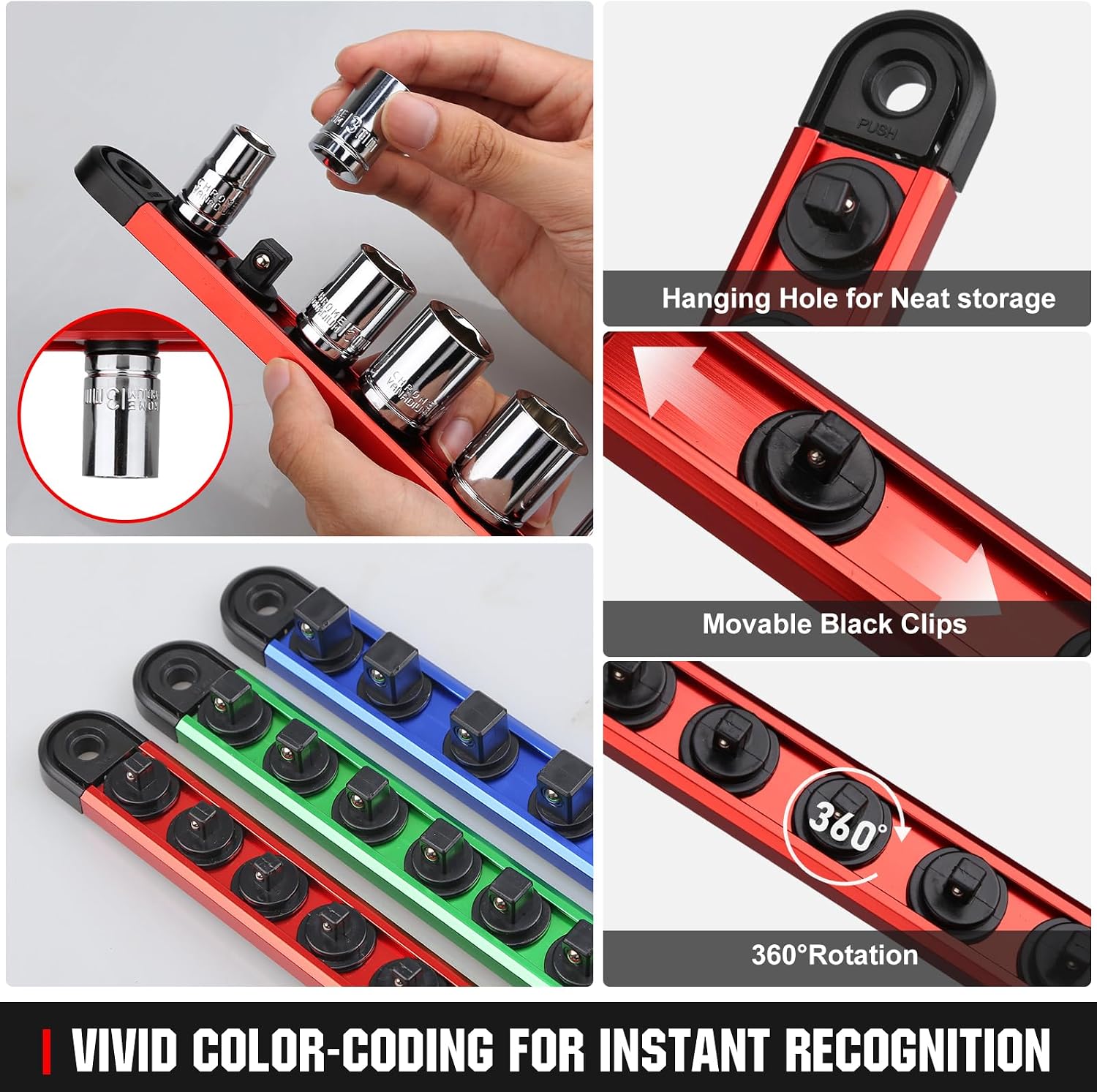 Magnetic Socket Organizer Set | 1/4" 3/8" 1/2" Socket Rail with 120 Clips | 9PCS Aluminum Alloy Socket Holder | Ratchet Organizer & Socket Organizer for Tool Box Drawer|Garage and Tool Cart