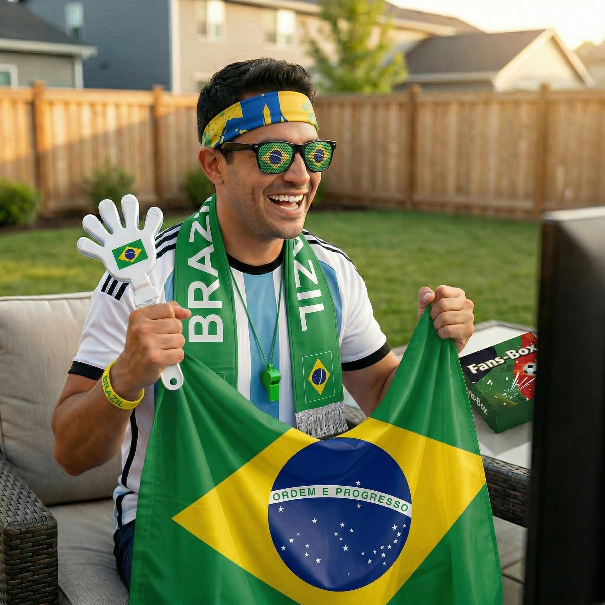 Soccer Fan Gear Set 2026-7 Piece Game Day Kit with Flag, Scarf, Glasses, Whistle, Clapper, Wristband & Headband in Gift Box - Watch Party & Stadium Essentials for Brazil - 5