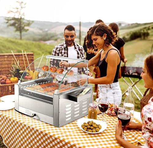 Miniatura 8 de ROVSUN 30 Hot Dog 11 rodillos, calentador de rodillos para perros calientes con calentador de bollos, cubierta, control de temperatura doble, luz