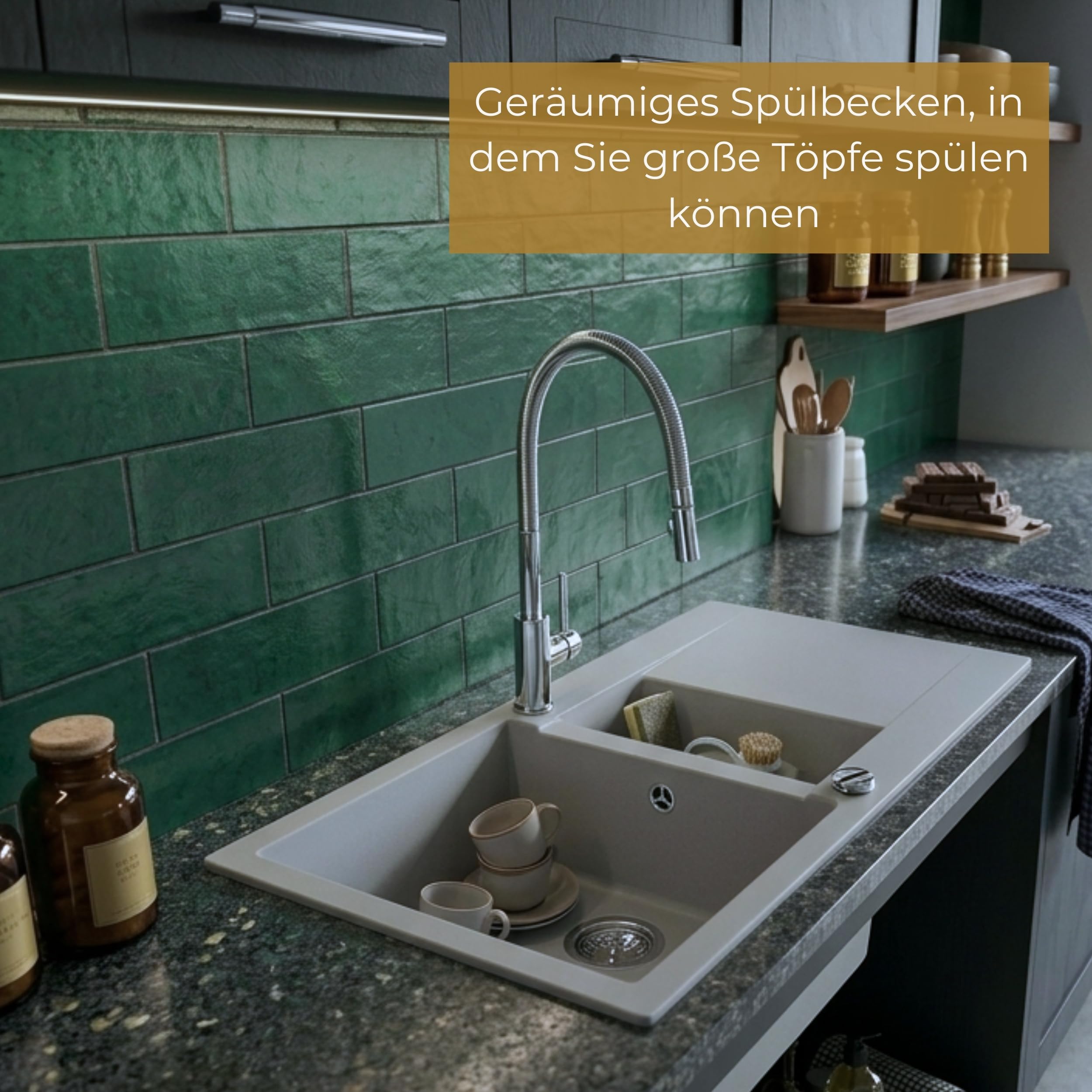 SINK QUALITY Spülbecken grau 79x50 cm, Granitspüle 1,5 Becken, Spüle mit Siphon und Imprägniermittel, Küchenspüle ab 50er Unterschrank