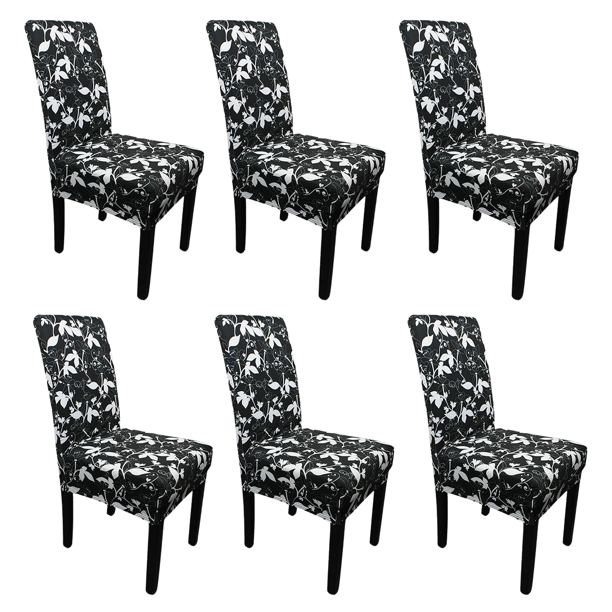 Printed High-Back Chair Covers for Dining Room Chairs – Spandex Stretch, Universal Armless Chair Protective Slipcover for Kitchen, Wedding, Party, Banquet & Hotel, Kaymas Leaves - Black, Pack of 6