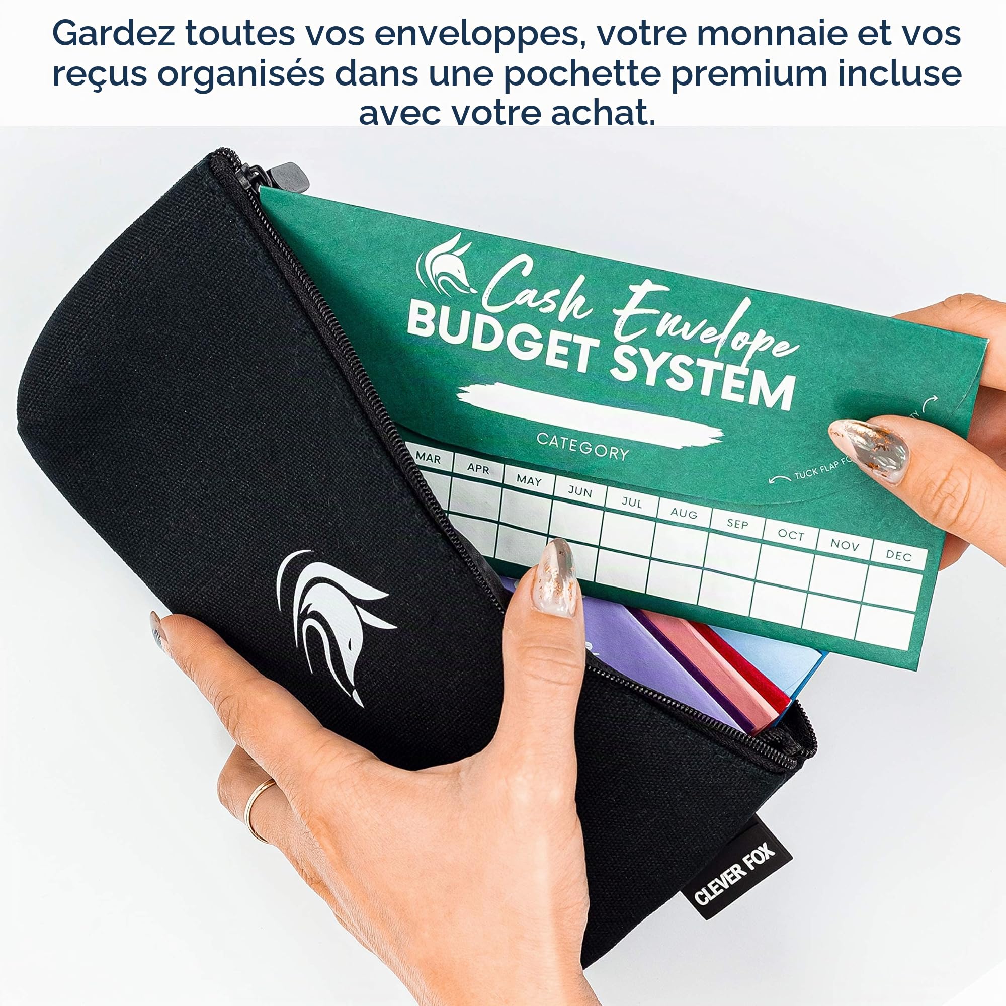 Clever Fox Enveloppes de Caisse Système Budgétaire, 12 Couleurs, Résistant à la Déchirure et à l'Eau, Pochette de Transport 12 Feuilles de Budget Suivi Dépenses