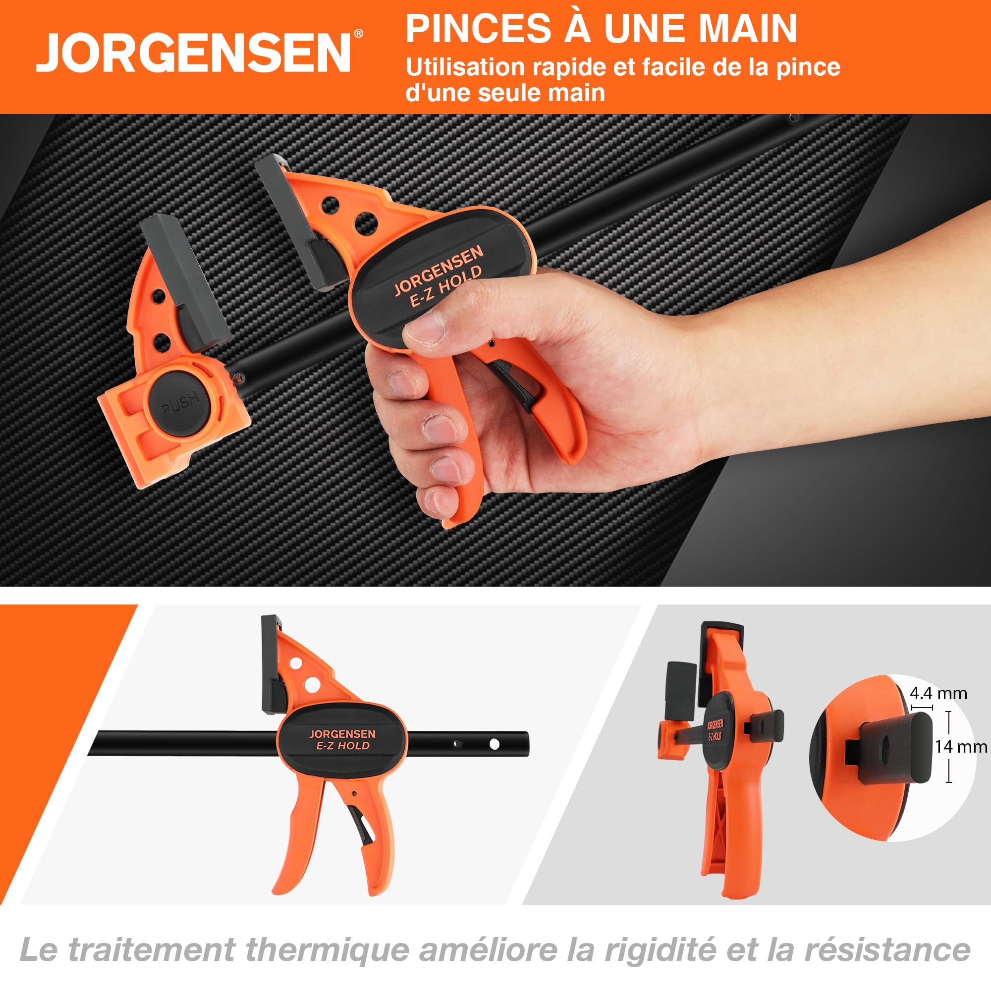 JORGENSEN Jeu de Serre-joint à une Main Légers 4 Pièces avec Libération Rapide, Largeur de Serrage 150/420mm, Force de Serrage Maximale 68kg