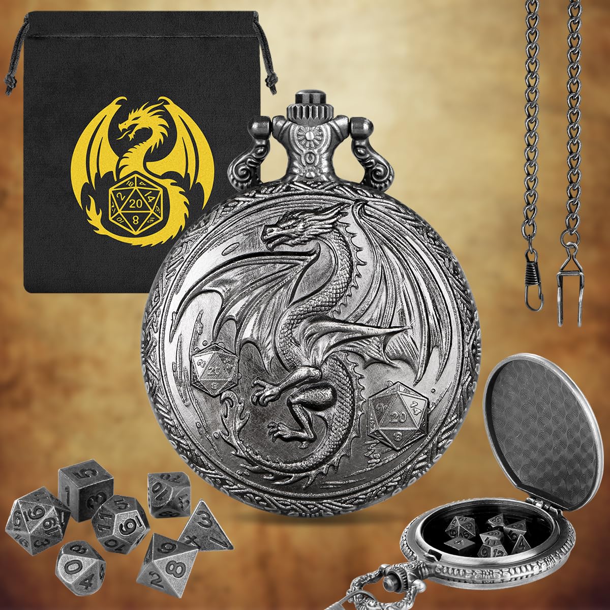Mini DND Dice Set, Steampunk Winged Dragon Pocket Watch Shell Case, 7-Piece Polyhedral Metal D&D Dice - Image 3
