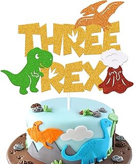 Dinosaur Three Rex Cake Topper 3rd Birthday Cake Decoration for Boy Girl Kids Bday Party Celebration Decor Supplies(Gold)