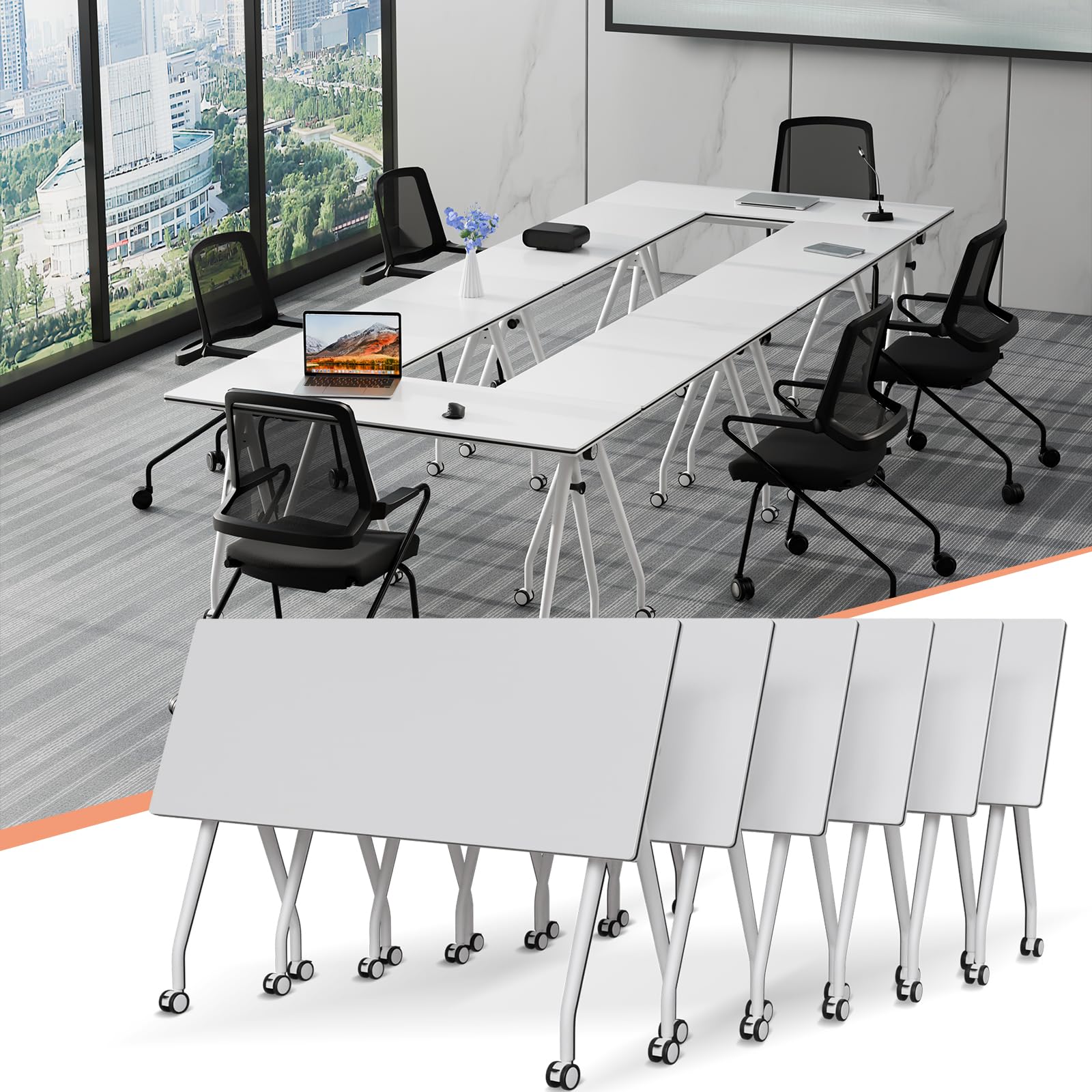 VVNO LIKK Folding Conference Table, White Foldable Conference Room Table, Mobile Training Table with Silent Wheels, Rectangular Flip Top Mobile