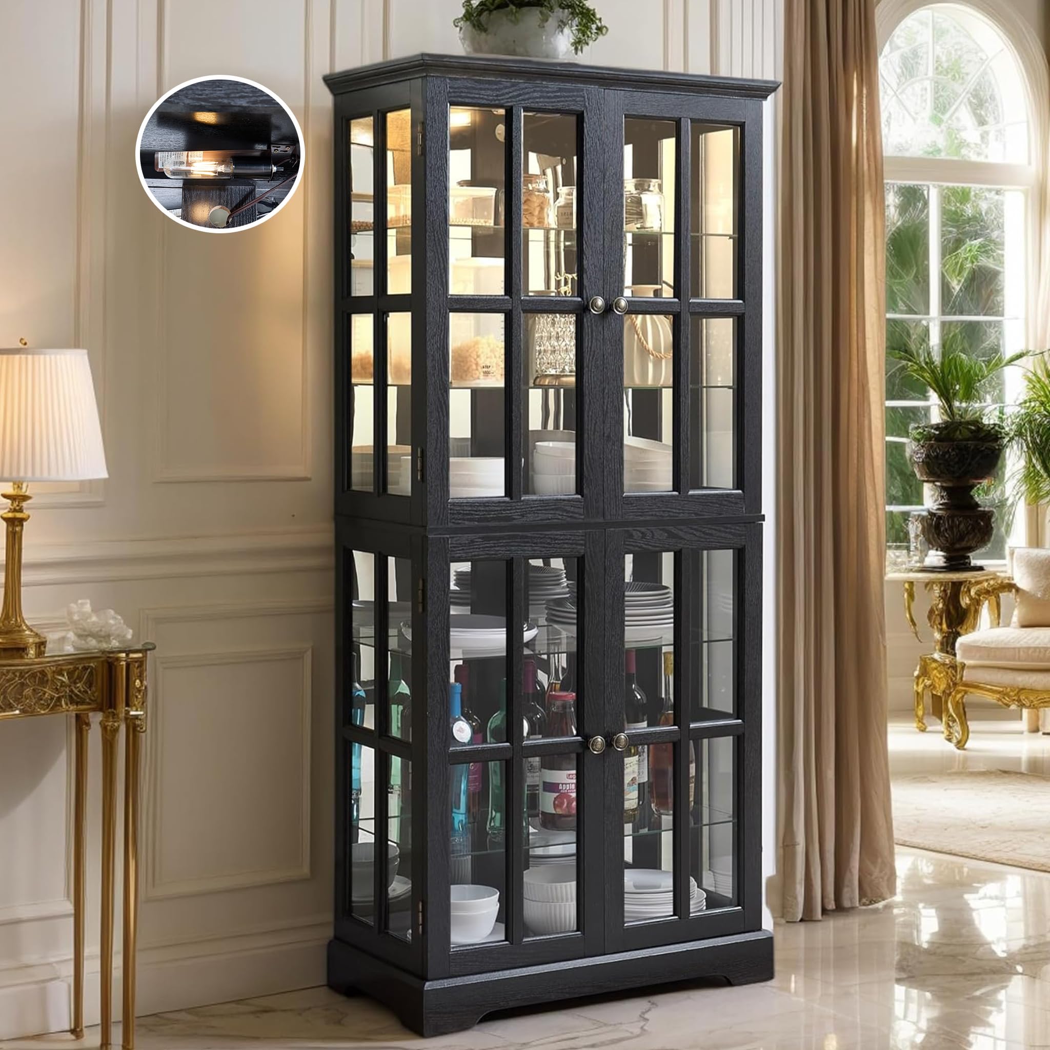 CKEASEAN Glass Display Cabinet, 69" H Curio Cabinet with Adjustable Shelves and 4 Glass Doors, Light Bulb Included, Elegant Antique Showcase, Rack for