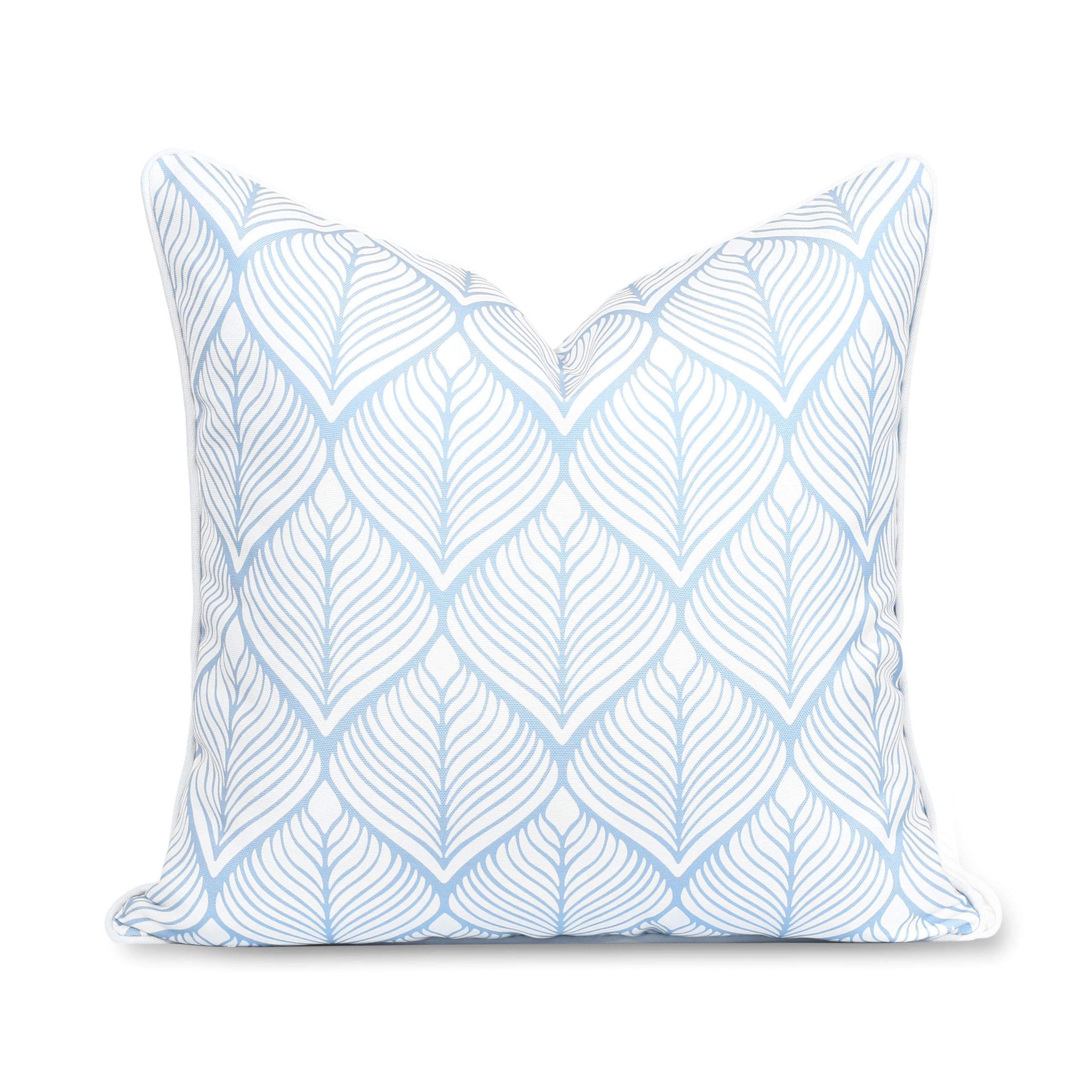Hofdeco Premium Coastal Patio Indoor Outdoor Throw Pillow Cover Only, 20"x20" Water Repellent for Backyard, Couch, Baby Blue Print Geometric Leafs