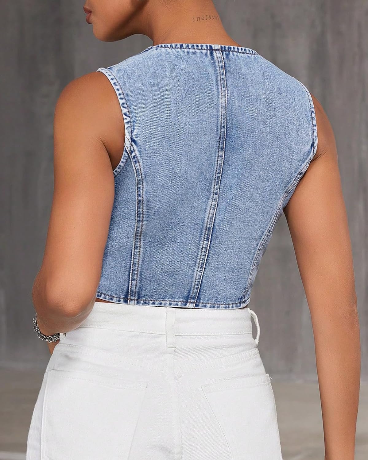 EZAPINE Women's V Neck Asymmetrical Hem Sleeveless Button Front Crop Denim Vest image 2