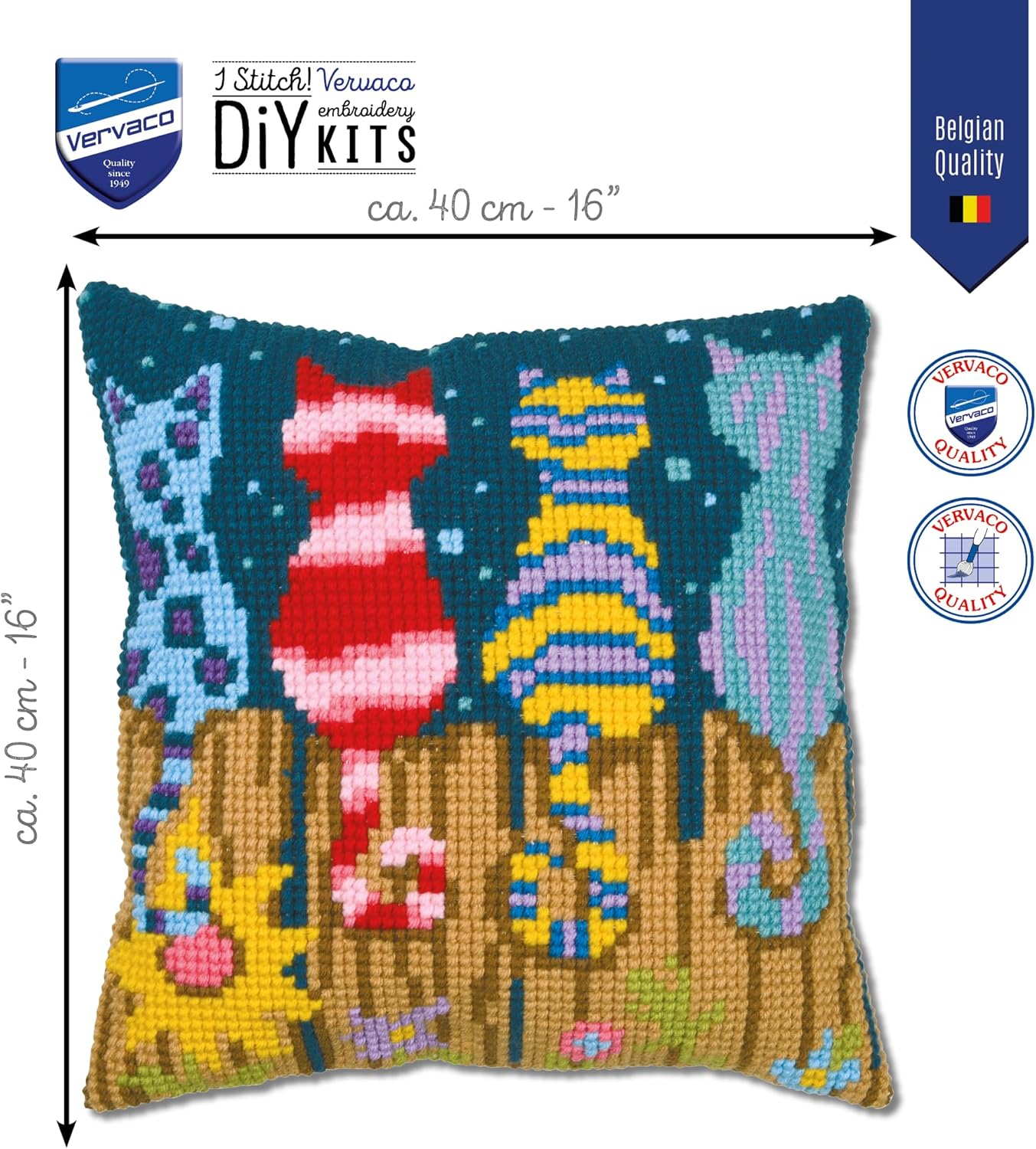 Vervaco Cross Stitch Embroidery Kits Cushion Embroidery Set with Cushion Back Beginners Pre-Printed Cats on The Fence DIY Set Creative Set for Adults Approx. 40 x 40 cm Craft Set Craftsman Home