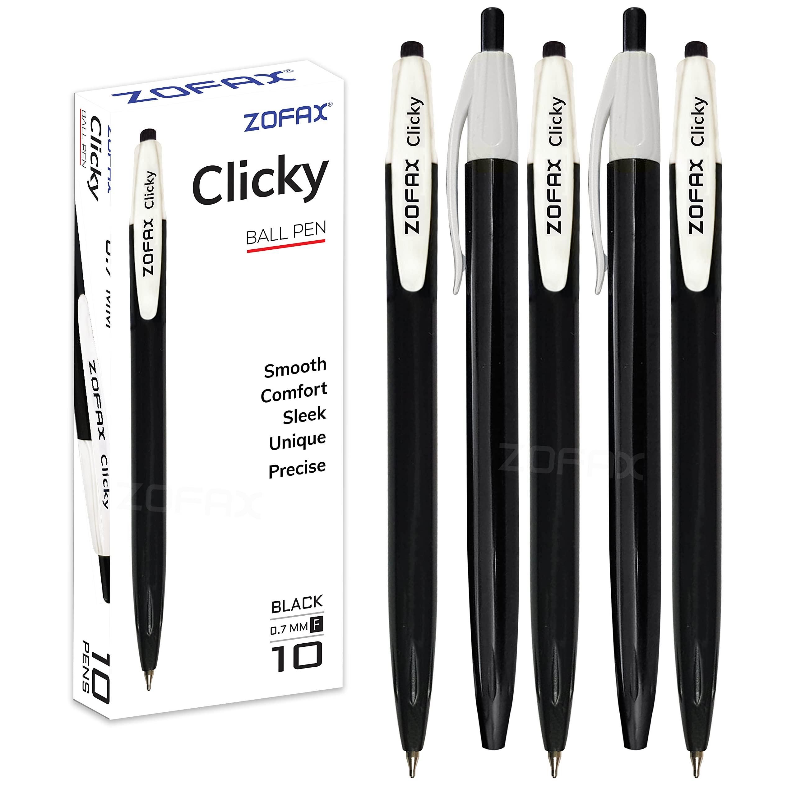 ZOFAX iClicky Retractable Ballpoint Pens, BLACK, Fine Point (0.7mm), Pack of 20, Retract Ball Pens, School Office Home Business Hospital Everyday Use
