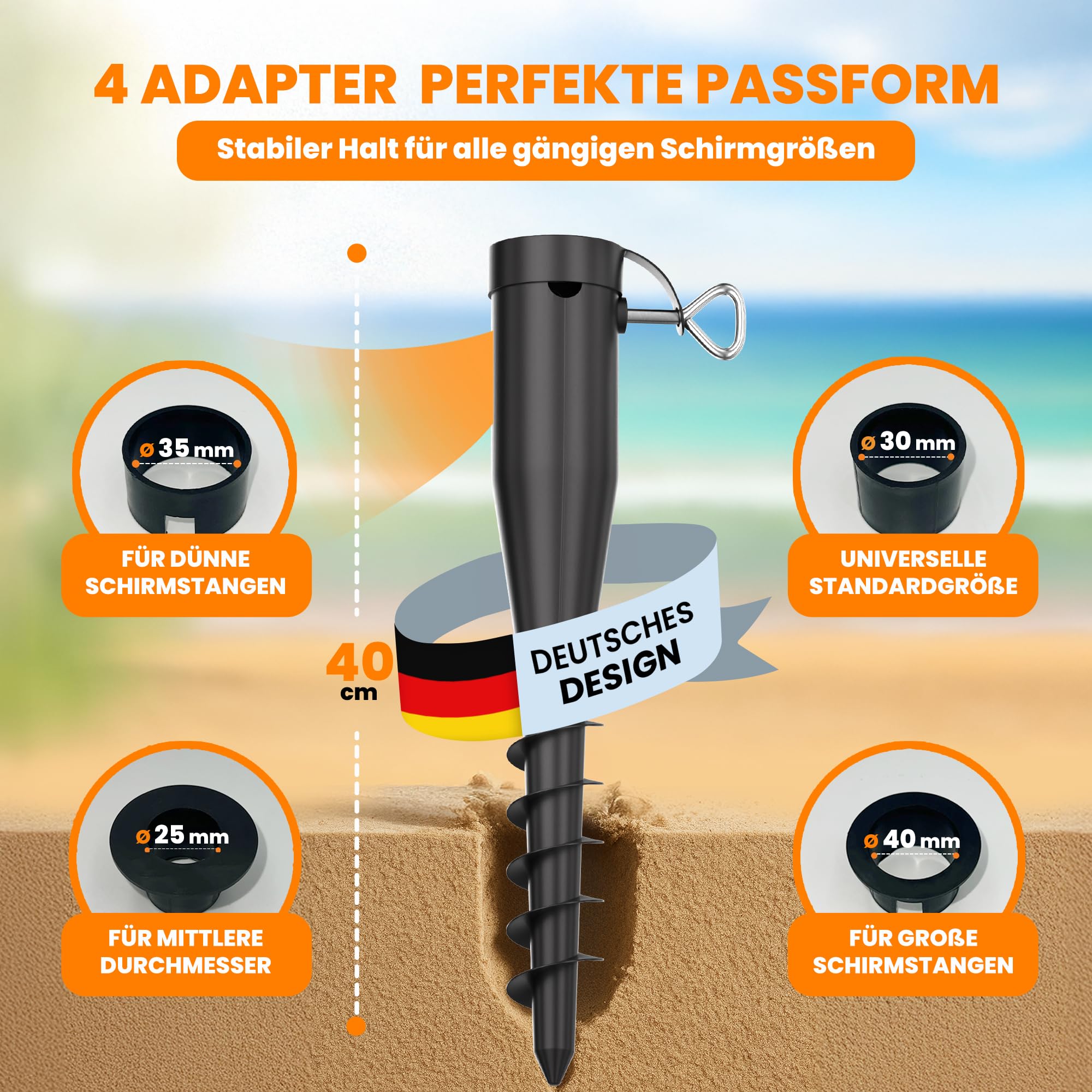 4x Bodenhülse Sonnenschirm Halterung Strand Schirmständer Erdspieß für Strandschirm Windfest Stabil Schirmhalter Sonnenschirmständer Sand Bodenanker Einschraubbodenhülse Sandanker Bodendübel eindrehen
