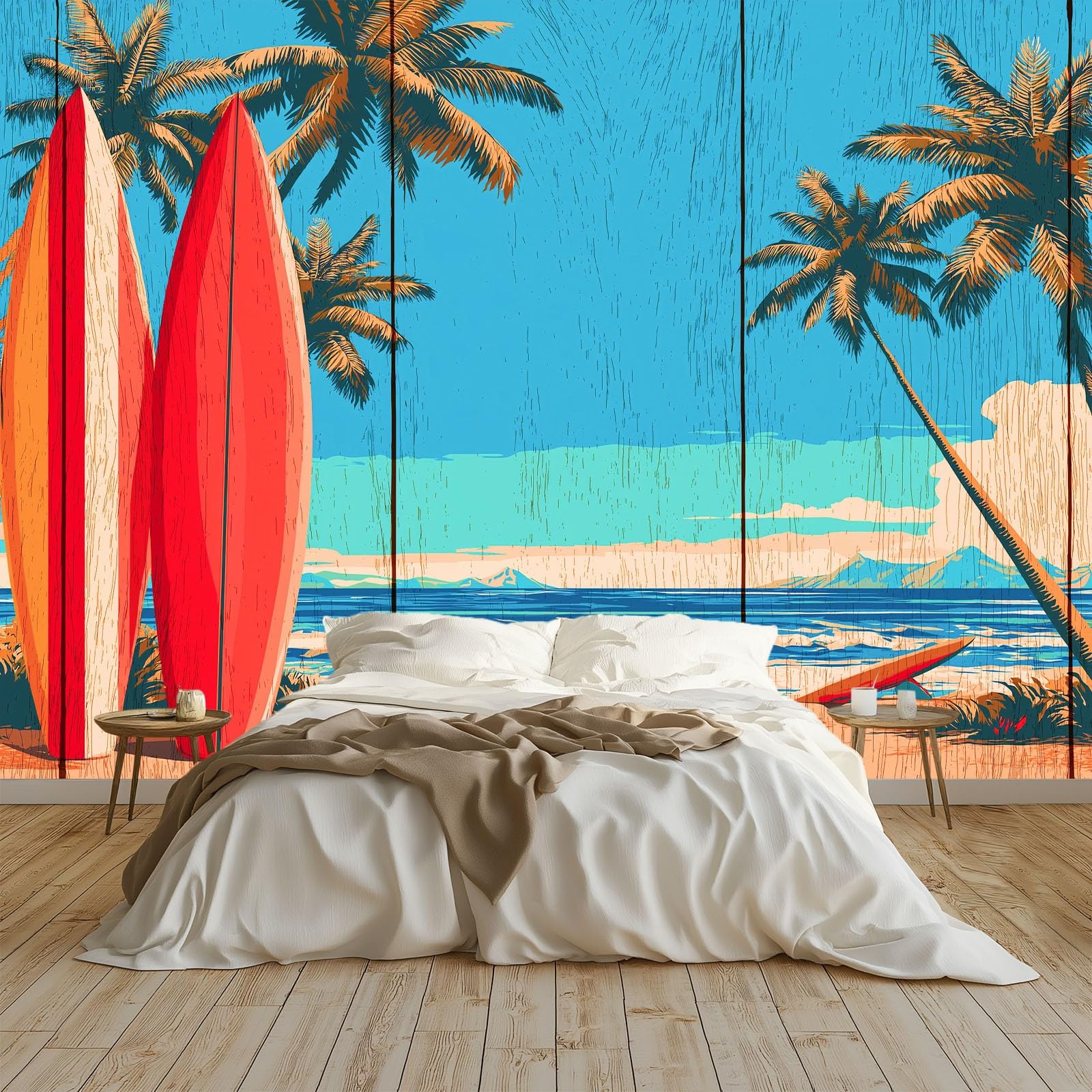 Fototapeta 3D, deska surfingowa, drzewa, niebo, plaża, 250 x 175 cm, tapeta z włókniny, tapeta ścienna, odporna na promieniowanie UV, neutralna zapachowo, niebieska