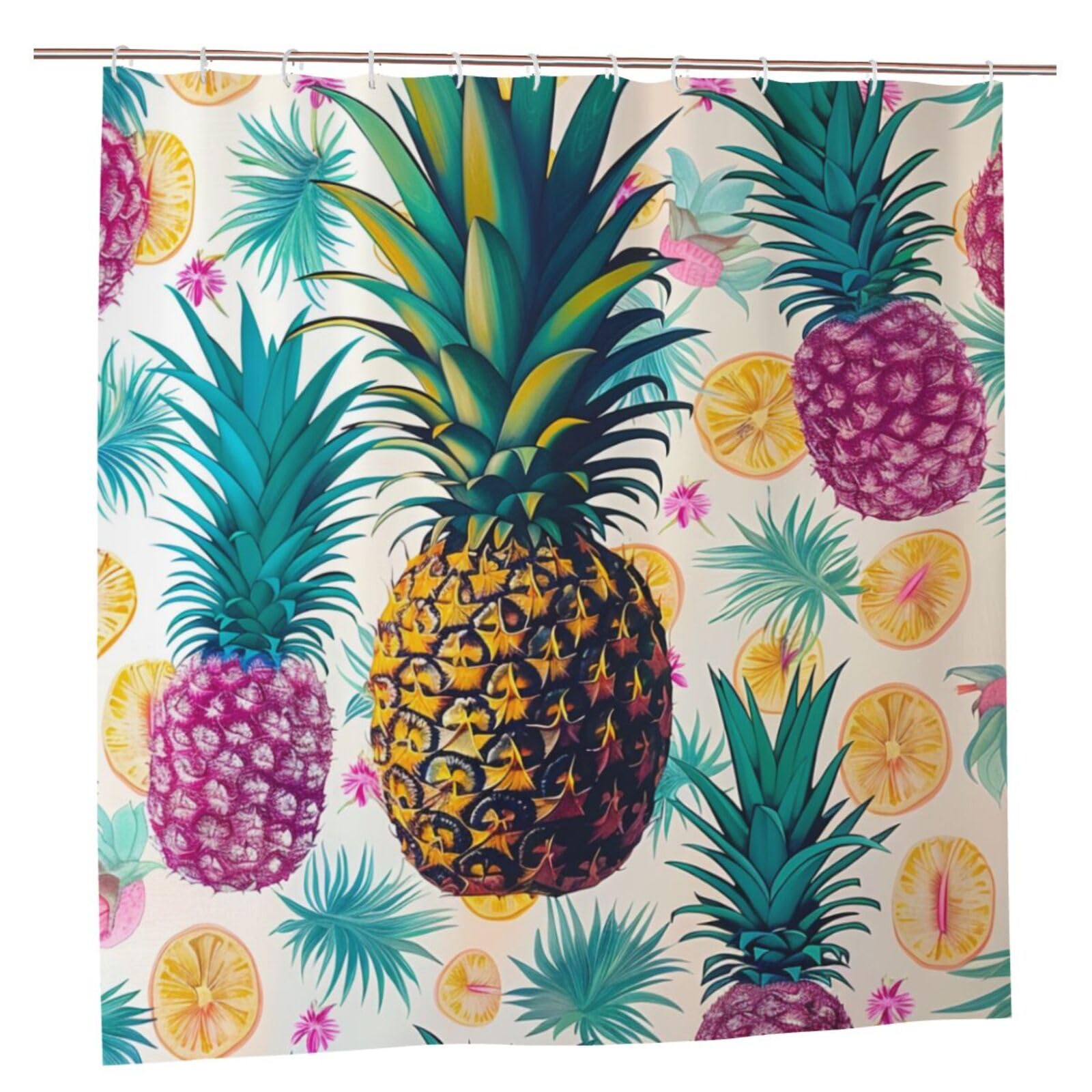 BWWHCCTI Tropical Pineapple Printed Shower Curtain With 12 Plastic Hooks Opaque Quick Drying Waterproof Shower Curtains Sets For Bathroom 183x183 CM