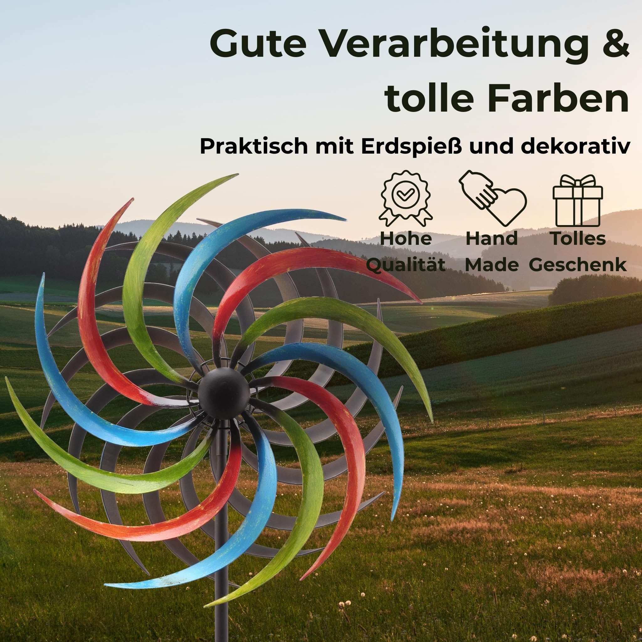 matches21 HOME & HOBBY Großes Windrad Metall 185 cm, wetterfeste Frühlings Garten-deko in Spiralform - Bunte Windmühle
