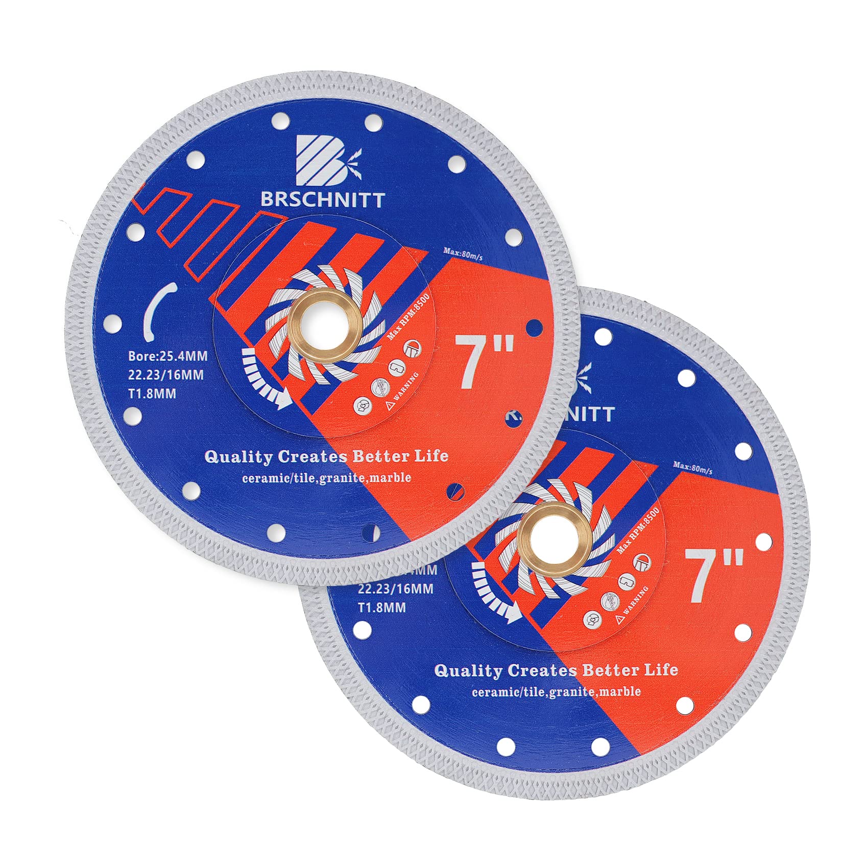 Super Thin Diamond Porcelain Saw Blade with X Teeth,BRSCHNITT 2pcs 7 Inch (175mm) Diamond Cutting Disc with Reinforced Core Center for Dry/Wet Cutting Porcelain Tile Ceramic Marble Granite