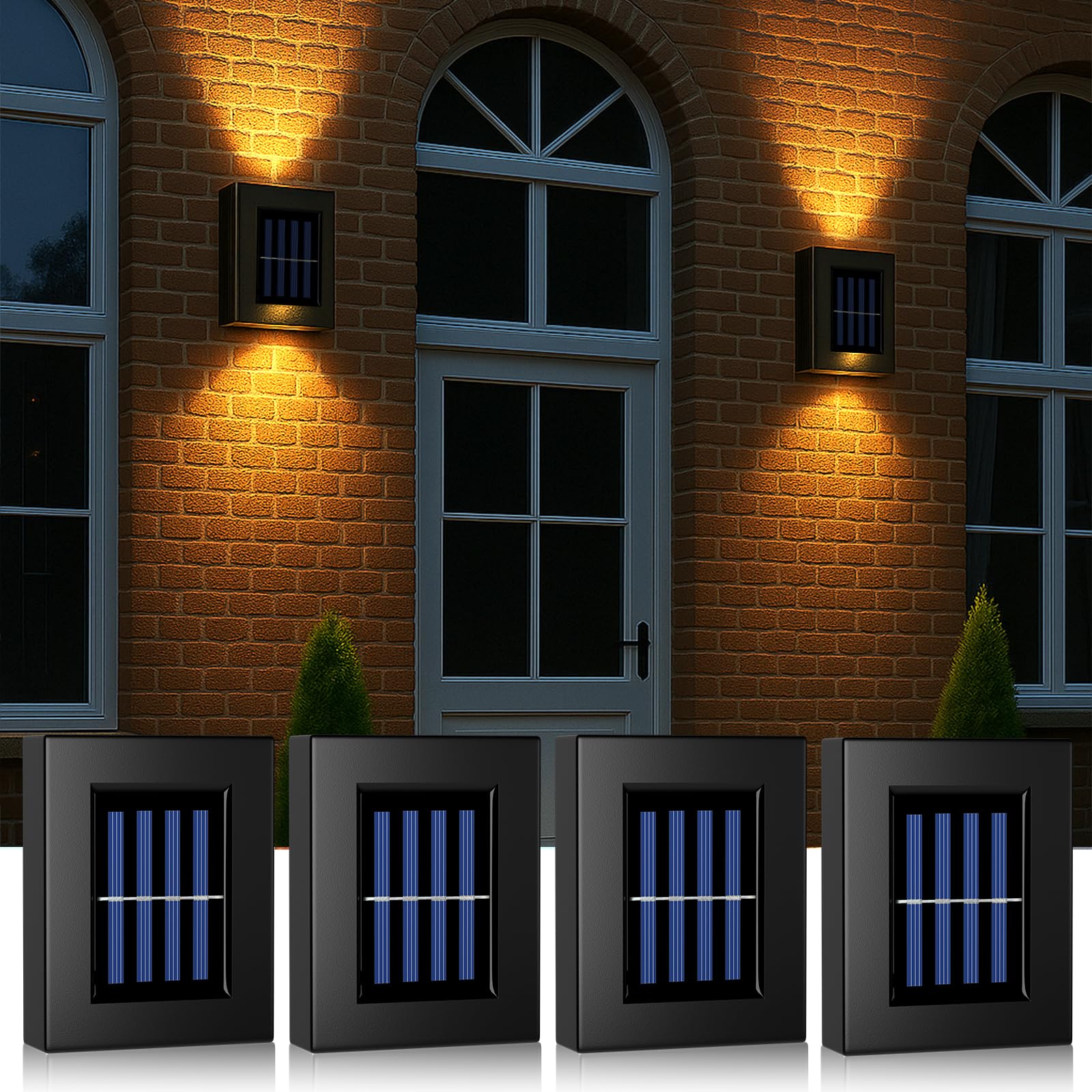 4 Piezas Aplique Solar Exterior, 2 LED Lámpara Up & Down Light Decorativa, Luces Solares LED Exteriores Luces Solares De Pared Para Exteriores IP65 Impermeable para Casa Pared Pasillo (Warm)