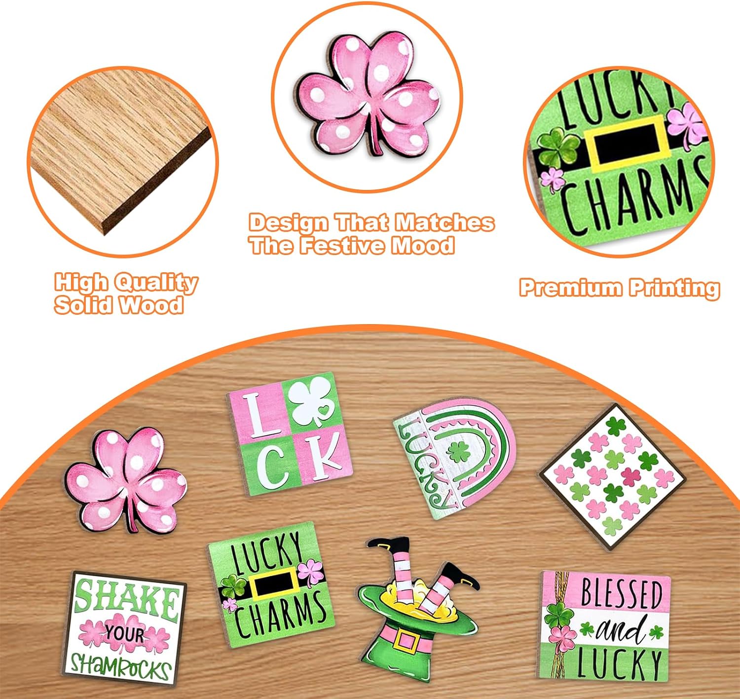 St.Patrick's Day Tiered Tray Décor - Green Lucky Shamrock Gnome Sign for Irish Home Party Table Decorations, 8Pc(Tray NOT Included)