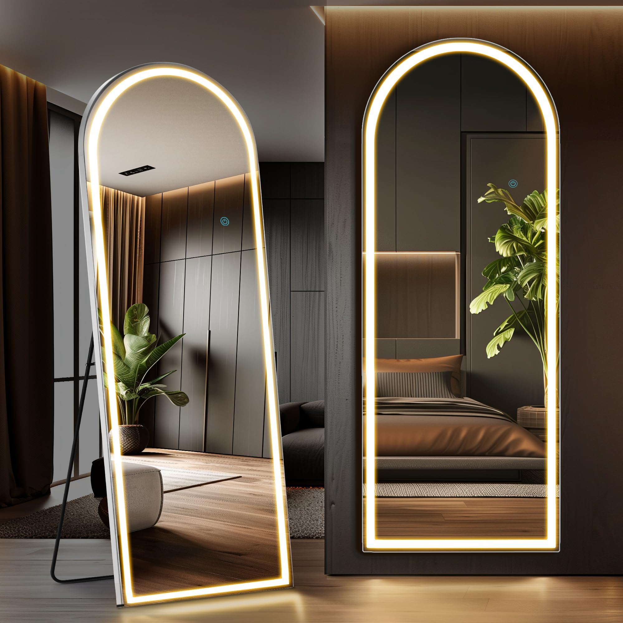 Sweetcrispy 71"x26" Arched Mirror Full Length with LED Lights, Free Standing Floor Mirror, Lighted Full Body Mirror, Wall Mounted Mirror, Dimming & 3 Color Lighting for Bedroom, Living Room